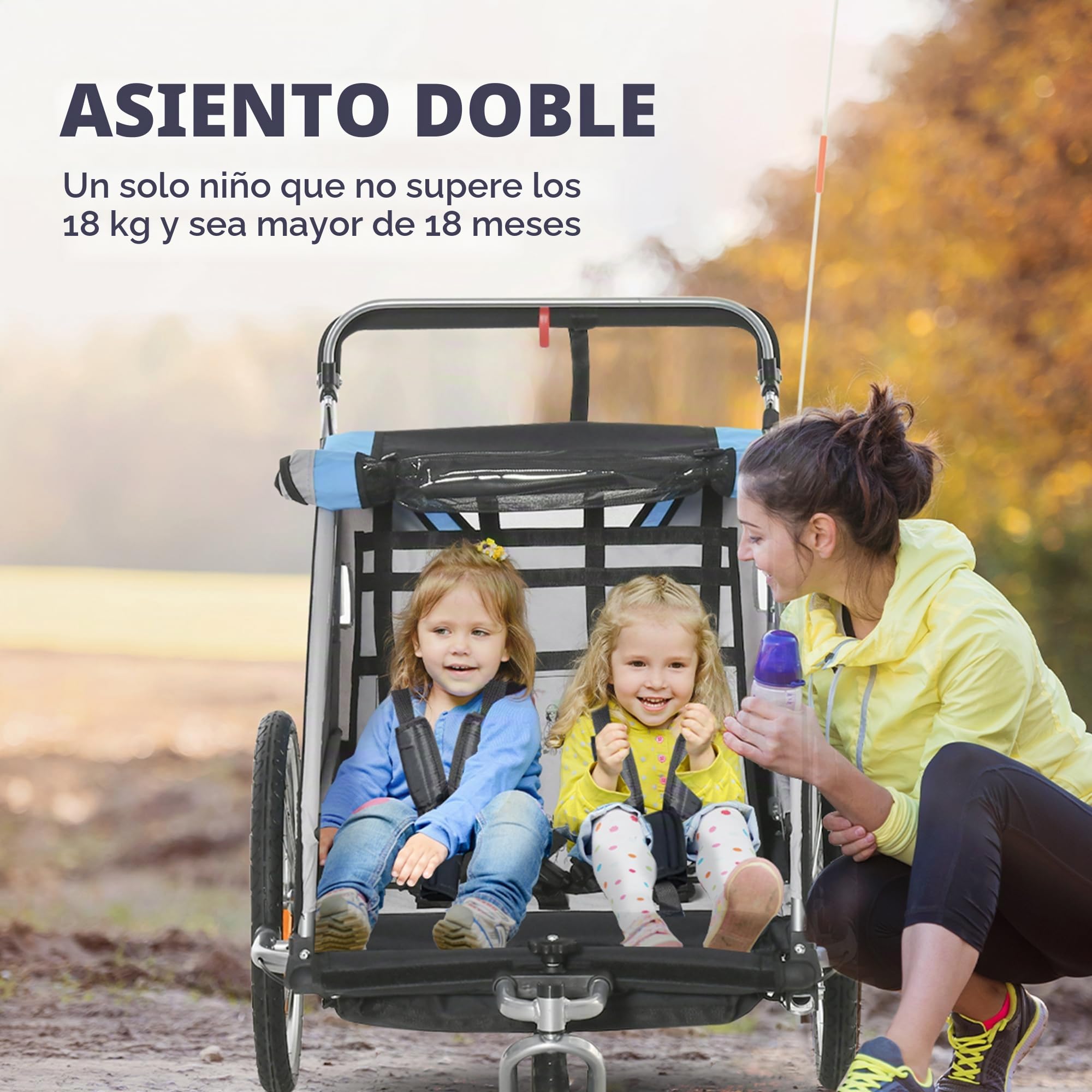 HOMCOM Remolque de Bicicleta para Niños y Cochecito, Diseño 2 en 1 con Freno, Cinturón de 5 Puntos, Carro Remolque para Bicicleta con Bolsillos Laterales, Reflectores y Banderín