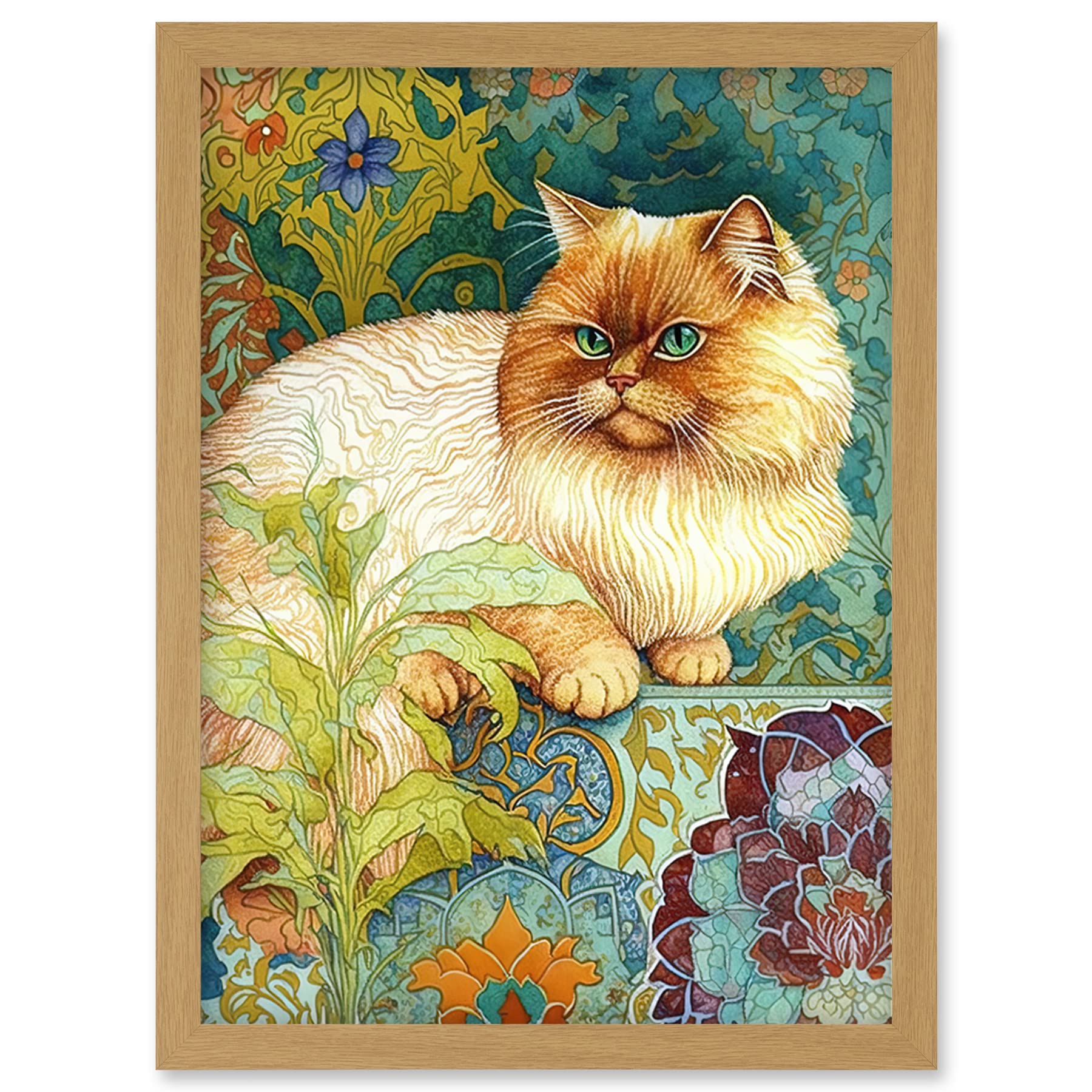 Artery8 Orange Persian Cat William Morris Inspired Floral Pattern Colourful Modern Illustration Artwork Framed Wall Art Print A4