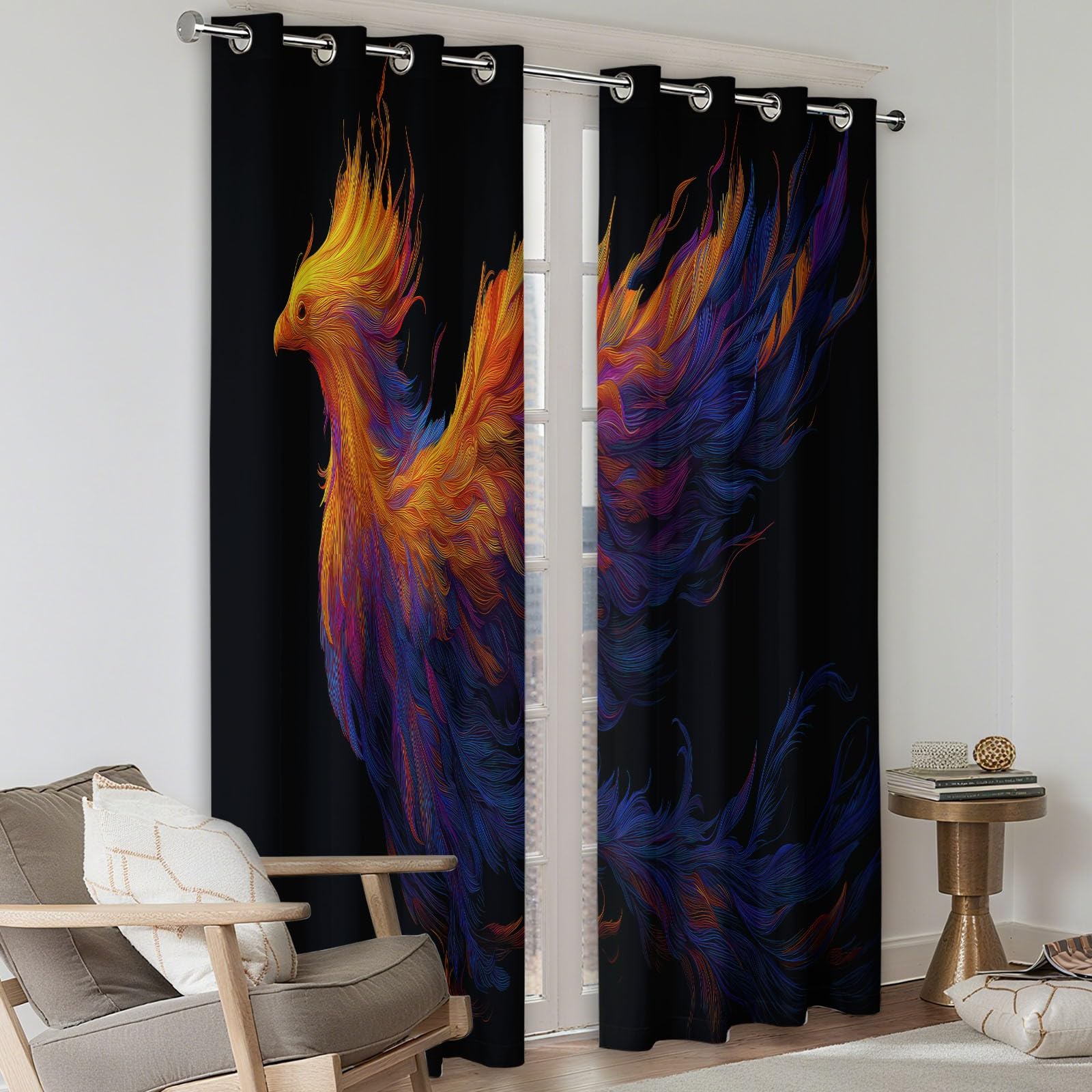 2 panele Zasłony zaciemniające 117 x 229 cm, fantazja odrodzony feniks z nadrukiem z oczkami dla dziewczynek i chłopców, do salonu, sypialni, miękka i odporna na zmarszczki, czarna