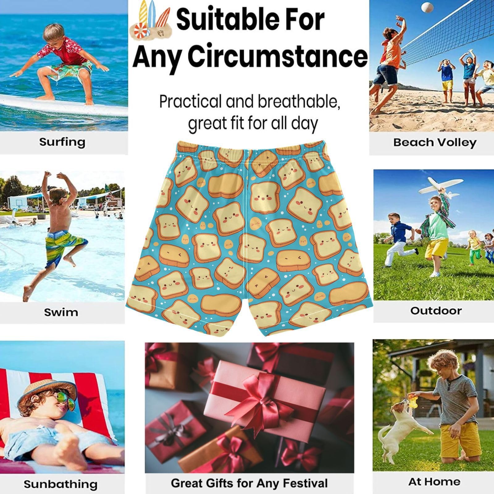 visesunny Summer Boy's Beach Shorts Bread Toast Food Quick Dry Swim Trunks Baby Boy Bathing Suit with Pockets S Multi