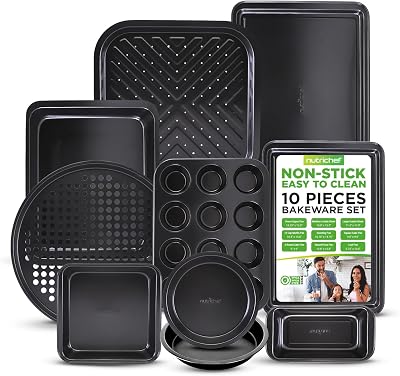 Juego de horneado antiadherente NutriChef de 10 piezas Juego de utensilios para hornear de acero al carbono de alta resistencia con hojas para galletas, sartén para muffins, sartén para asar, sartén para pasteles, bandeja para hornear, sartén para pizza Liberación de alimentos sin esfuerzo y fácil limpieza