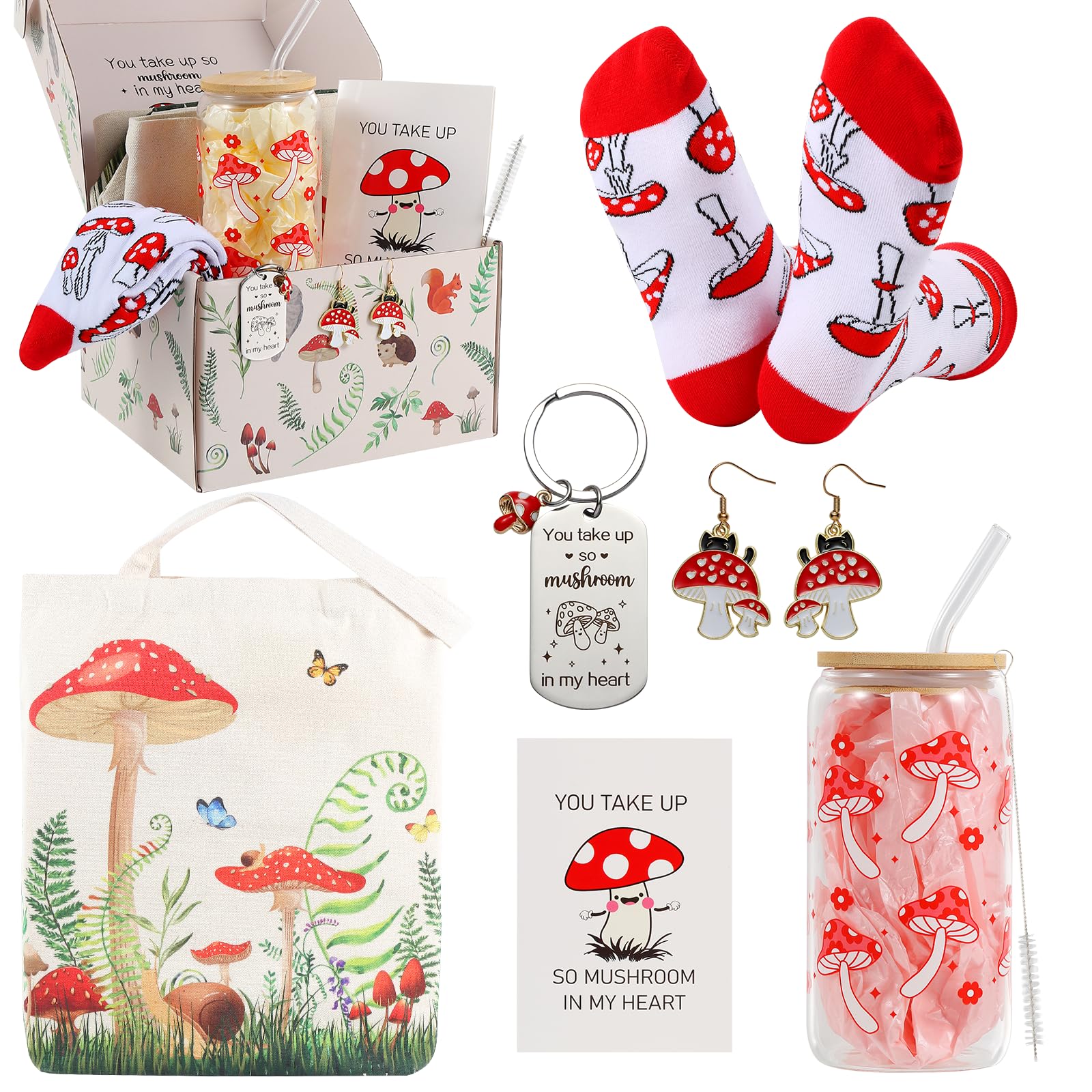 Mushroom Gifts for Women Mushroom Lovers Stuff Mushroom Lovers Gifts for Women Include Mushroom Glass Cup Canvas Tote Bag Earring Keychain Socks Card