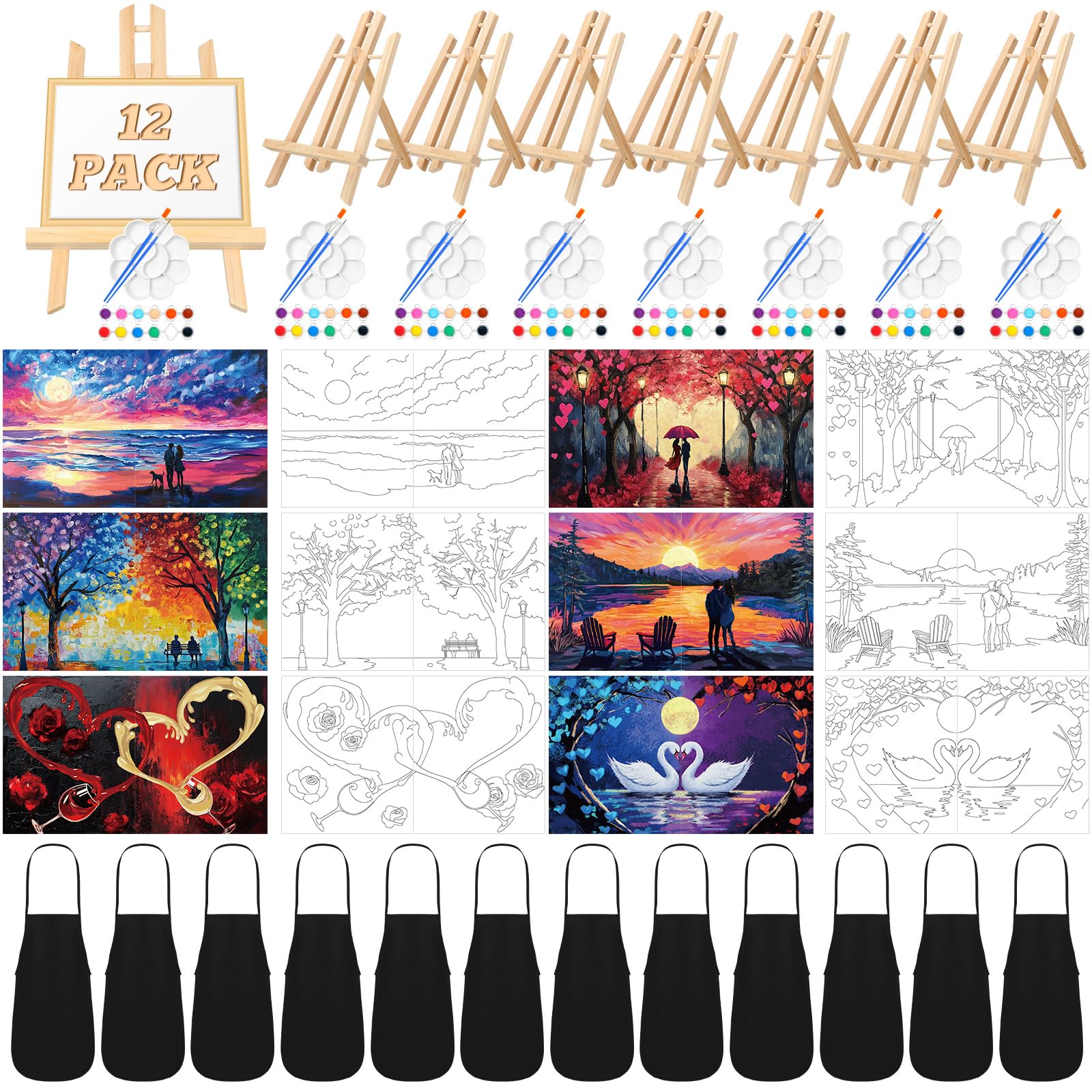 Motipuns 12 Set Couples Painting Kit Date Sip and Paint Kit for Adults Pre Drawn Canvas to Paint at Home Valentines Day Party Favor Supplies Couples