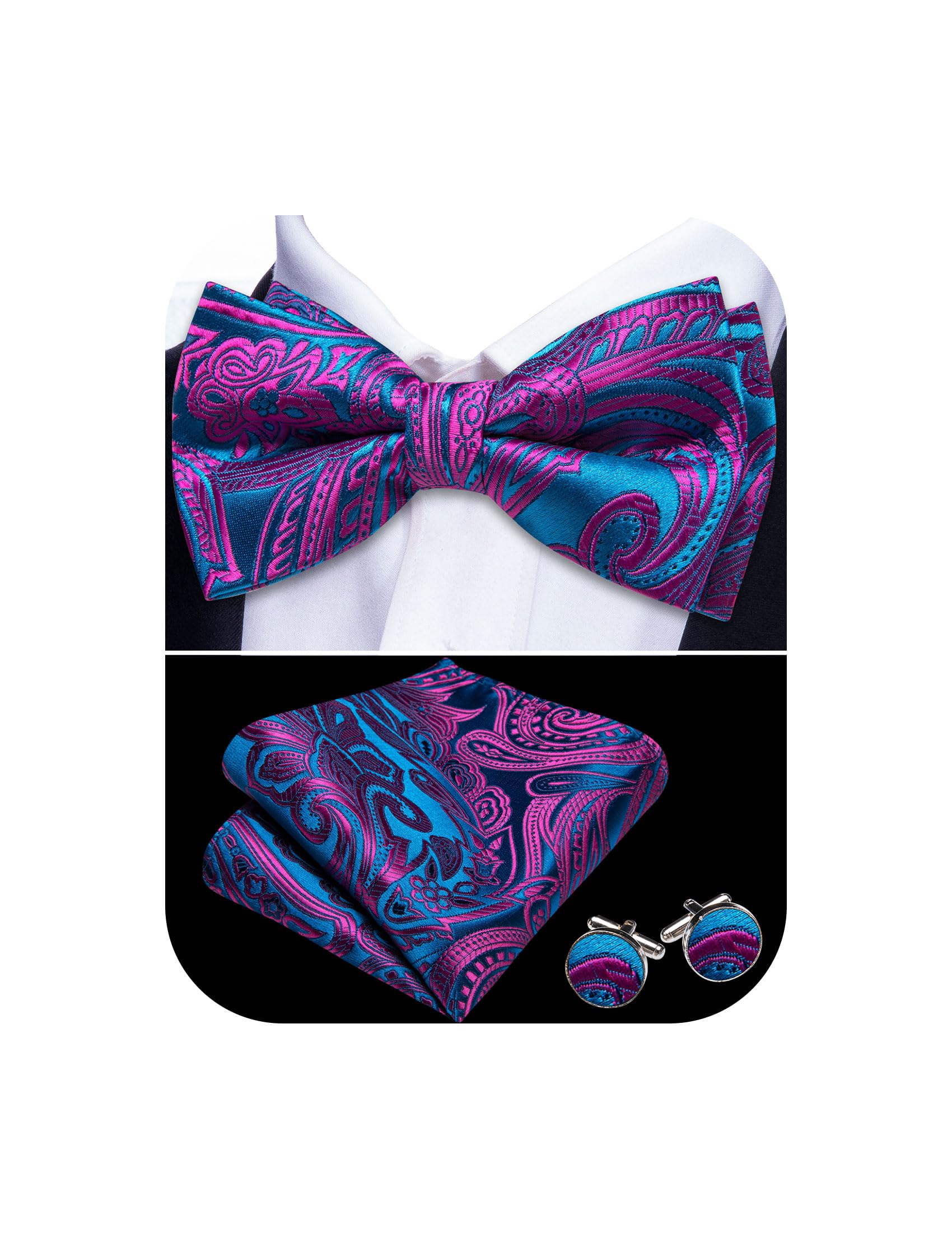 Barry.Wang Paisley Striped Bow Tie for Men Silk Pre-Tied Bowtie Set
