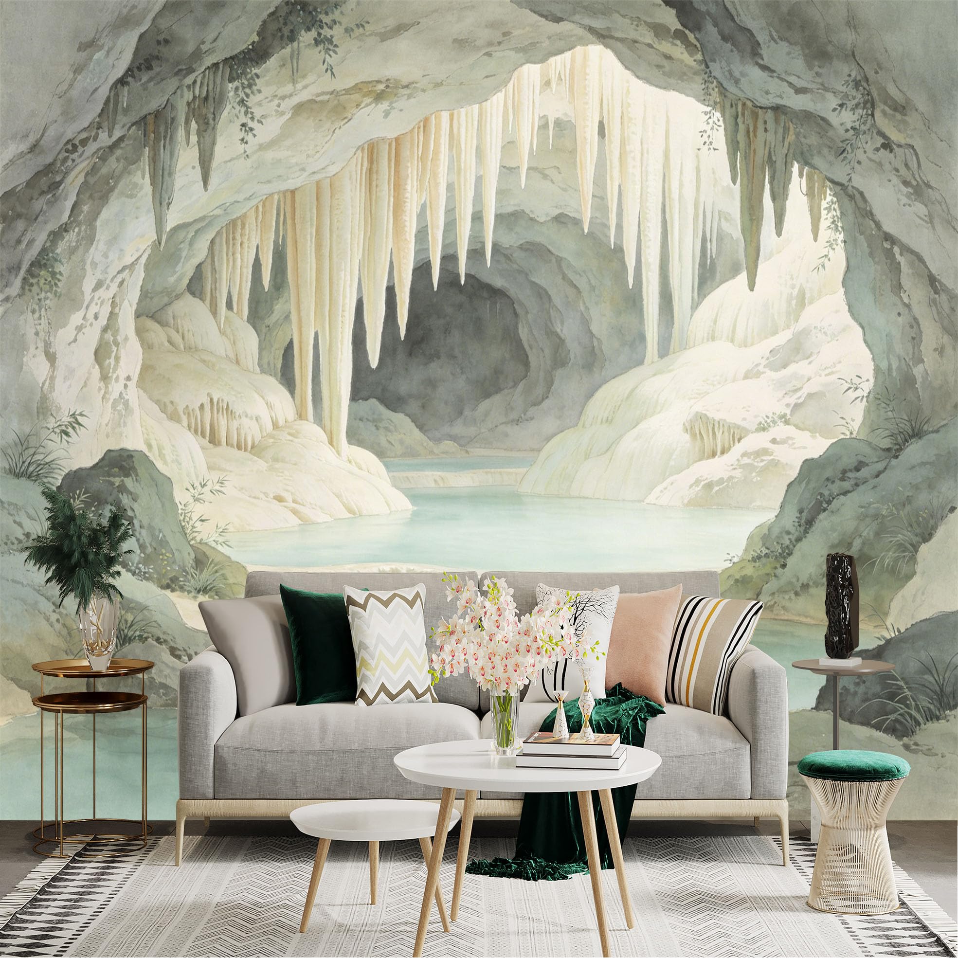 Lnzczhyre Dbh260521177 Custom Size Wall Sticker Mural， Natural Limestone Cave， Stalactites And Underground Spring， Serene Water Pool， For Wall Decoration， Peelandstick Wall Decals.
