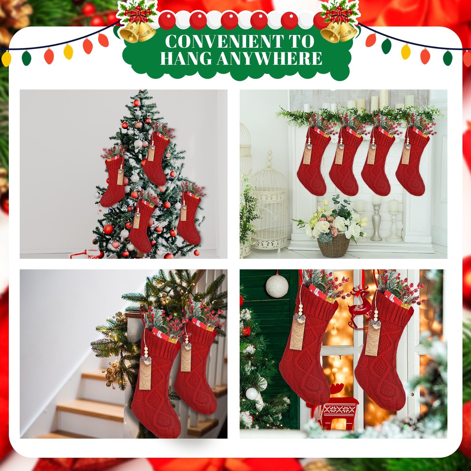 Cozypower Weihnachtsstrümpfe mit Namensschild, 45,7 cm, große Zopfstrickstrümpfe, Weihnachtsstrumpf, Kamin, hängende Strumpf, Geschenktüten für Kamin, Weihnachtsbaumschmuck, Rot, 4 Stück