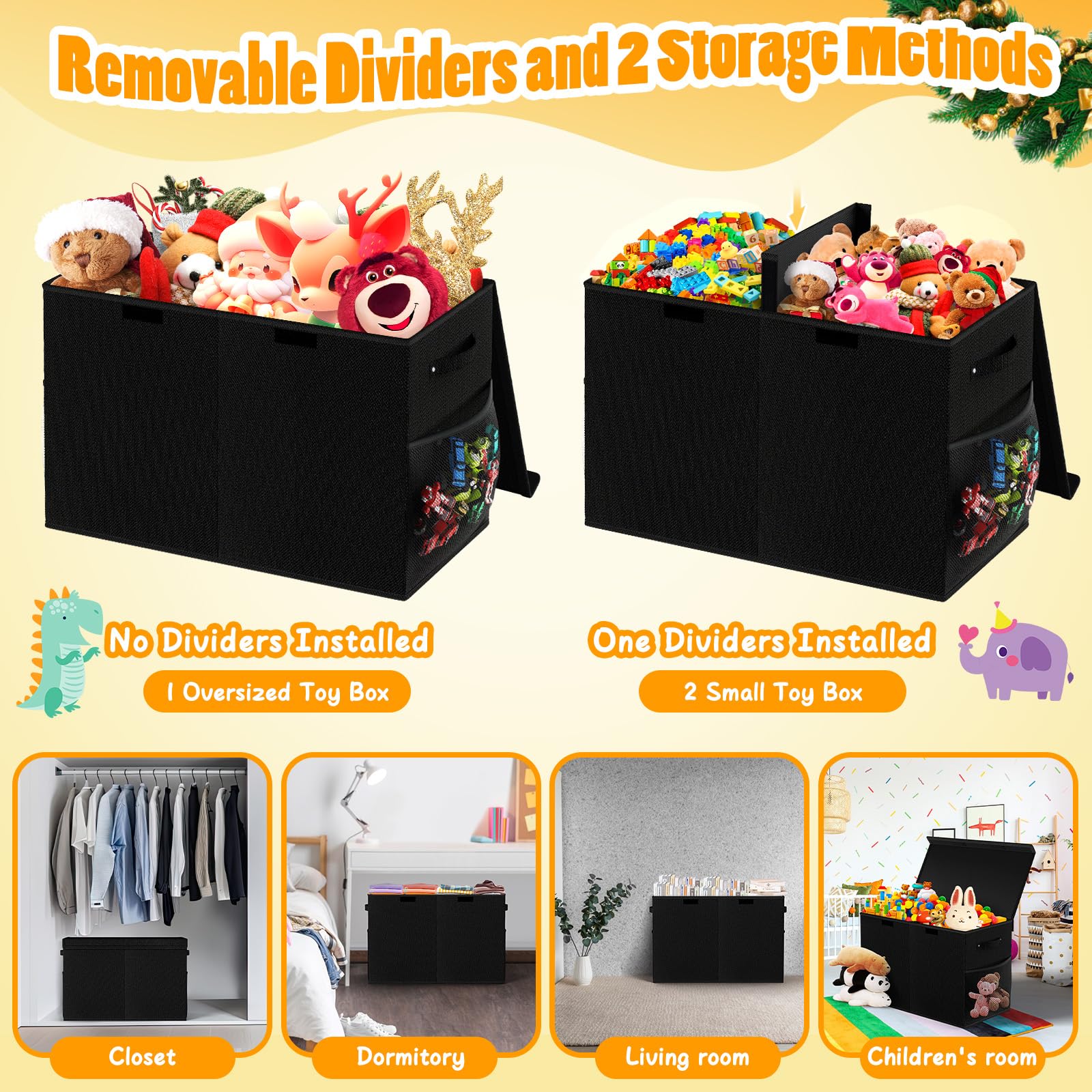 Rocamdo Caja de juguetes extra grande con tapa, organizador de almacenamiento de juguetes plegable con divisor extraíble para niños, niñas, cuarto de bebé, sala de juegos, armario, 25 x 13 x 16