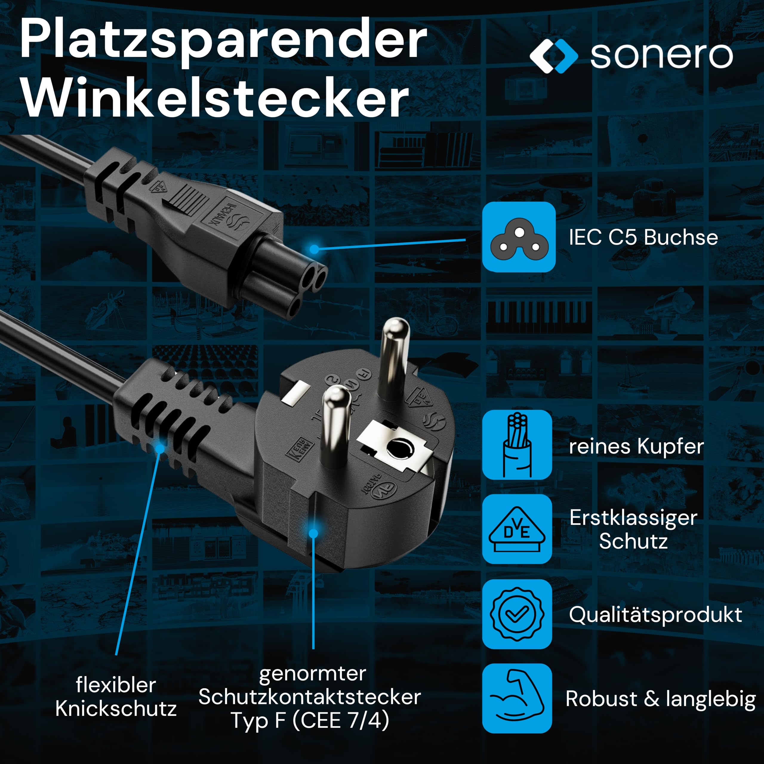 sonero Kabel zasilający 3-biegunowy, 1,0 m, wtyczka ze stykiem ochronnym, wtyczka sieciowa do gniazda C5, kabel sieciowy zasilacz sieciowy kabel zasilający do monitora PC laptopa, czarny