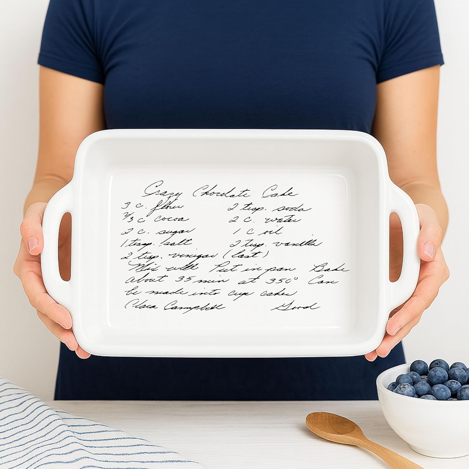 Personalized Recipe Casserole Dish, Ceramic Stoneware Baking Pan with Custom Handwritten Recipe Engraving, White, Dishwasher Safe