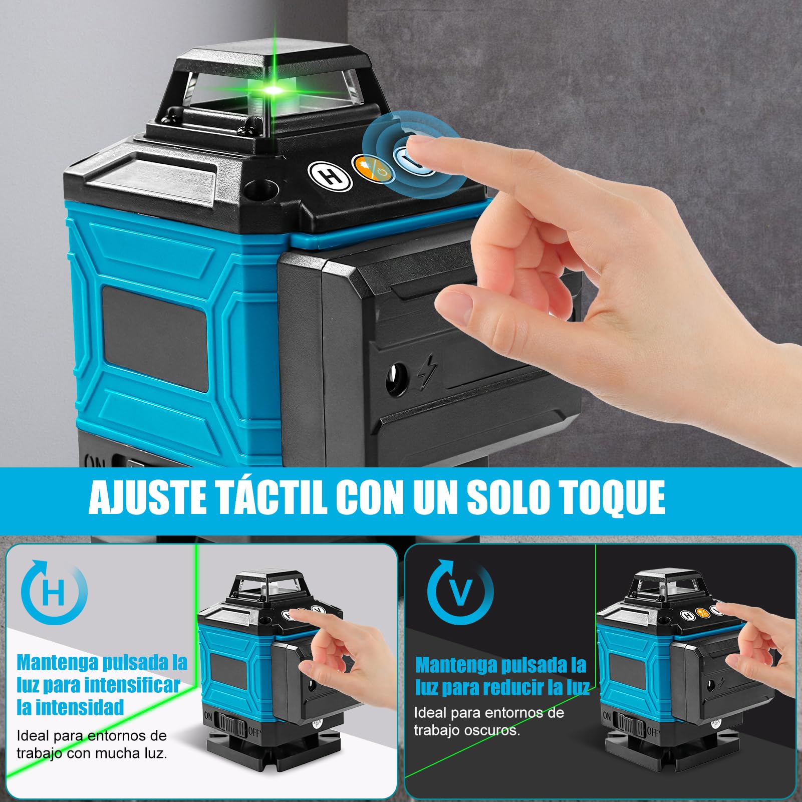 Nivel Laser Autonivelante 360 Grados, Nivel Láser Verde 16 Líneas, Láser de obra horizontal y vertical Haz con control remoto y 2 x 4800mAh Baterías para obras en interiores(azul)