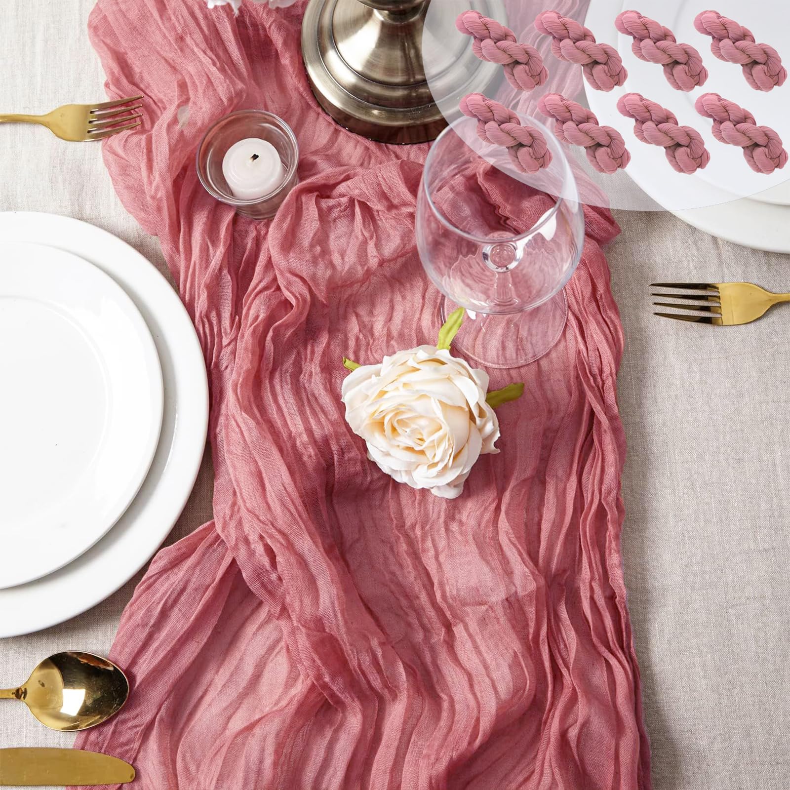 U-LIAN 8pack Dusty Pink Cheesecloth Table Runner 10ft Boho Gauze Cheese Cloth Table Runner 35x120 Inch Rustic Sheer Table Runner for Wedding Bridal Baby Shower Birthday Party Table Decoration