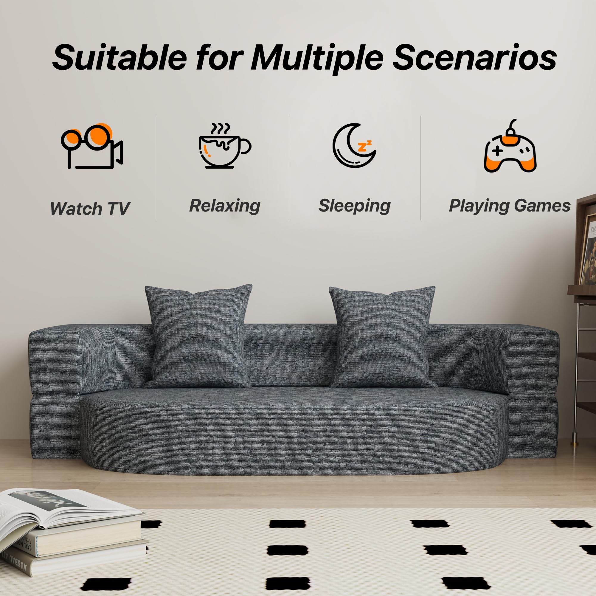 HENGJIANYI Folding Sofa Bed, Convertible Futon Sleeper Bed, 2-in-1 Foldable Floor Mattress with 2 Pillows, Breathable High-Density Foam Lazy Couch, Twin Size Comfy Lounge Chair, Dark Gray