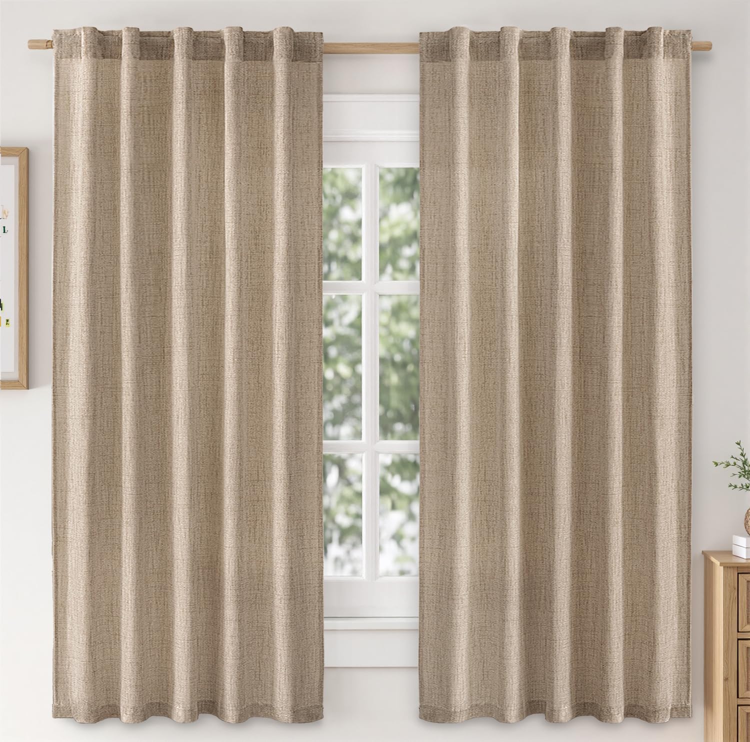 Photo 1 of MIULEE Faux Linen Curtains 63 Inch Length 2 Panels Natural Copper Brown Semi Sheer Curtain with Back Tab Rod Pocket, Light Filtering Window Privacy Burlap Drapes for Living Room Bedroom 42W x 63L