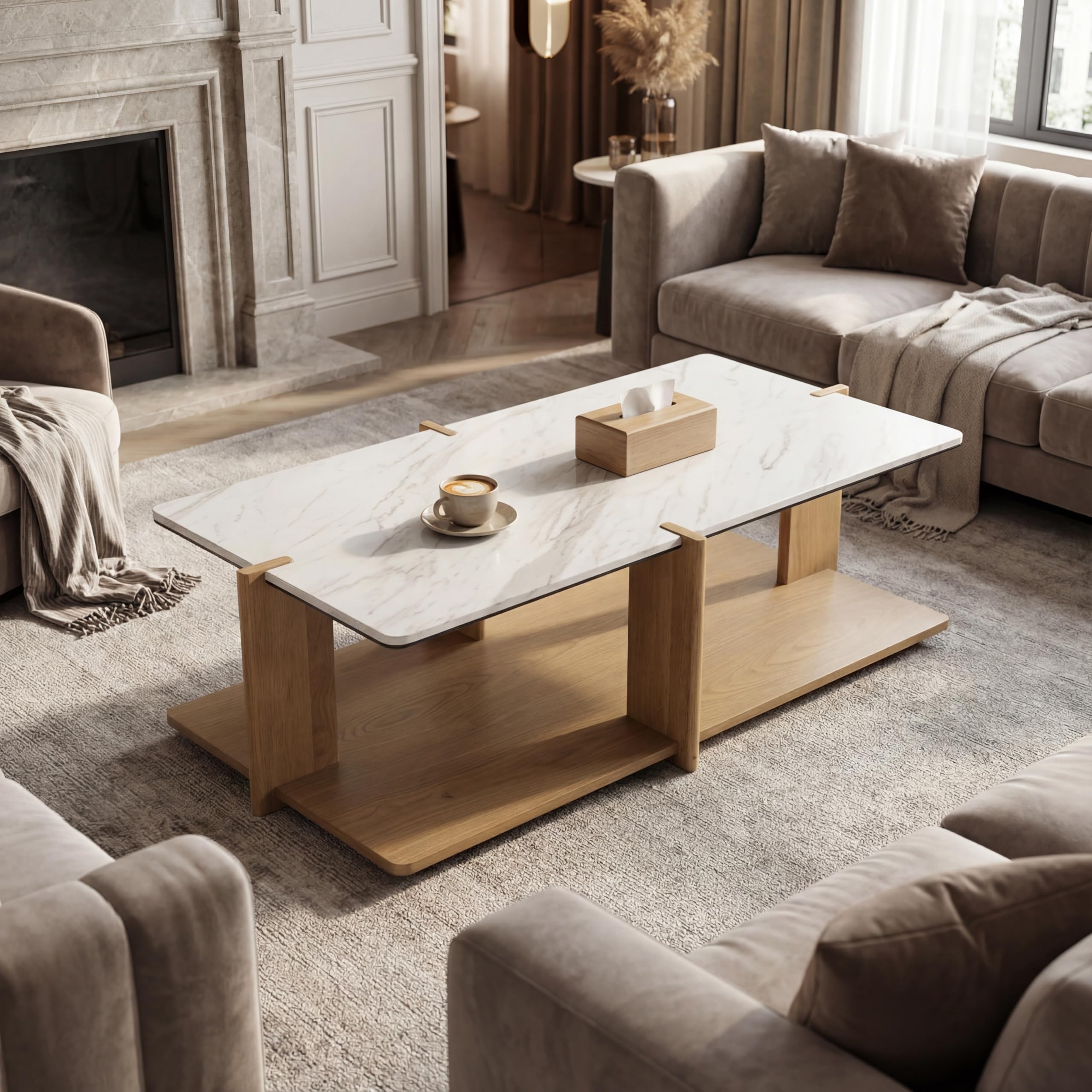 DUOMAY Modern Coffee Table Open Frame with Storage Solid Wood Center Table with Super Matte Marble Top Display