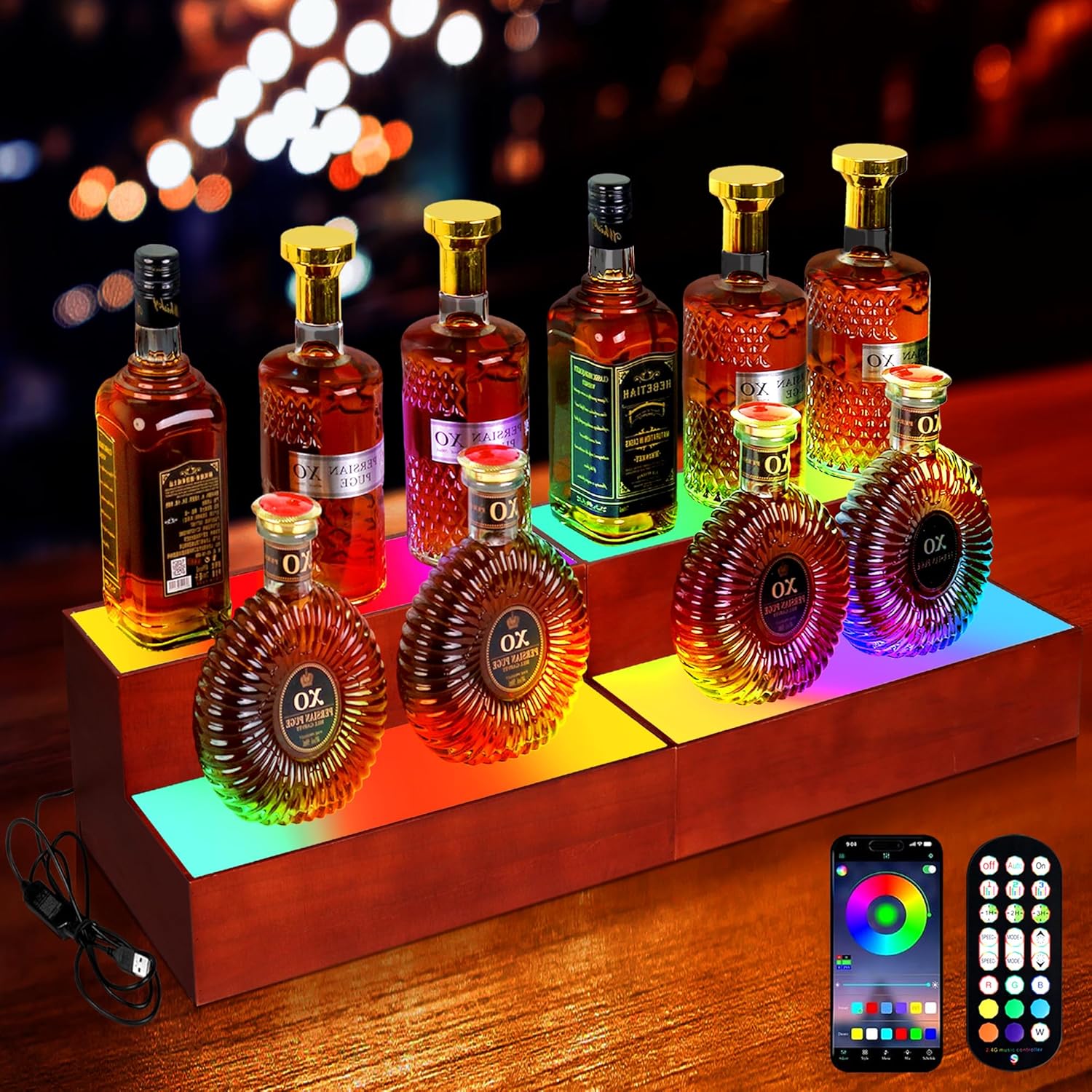 32 Inch LED Lighted Liquor Bottle Display Shelf, 2 Tier LED Bar Shelves for Liquor Bottles with RF Remote & App Control, Support USB for Whiskey Wine Coffee Syrup Bottle Display?16+16Inch?