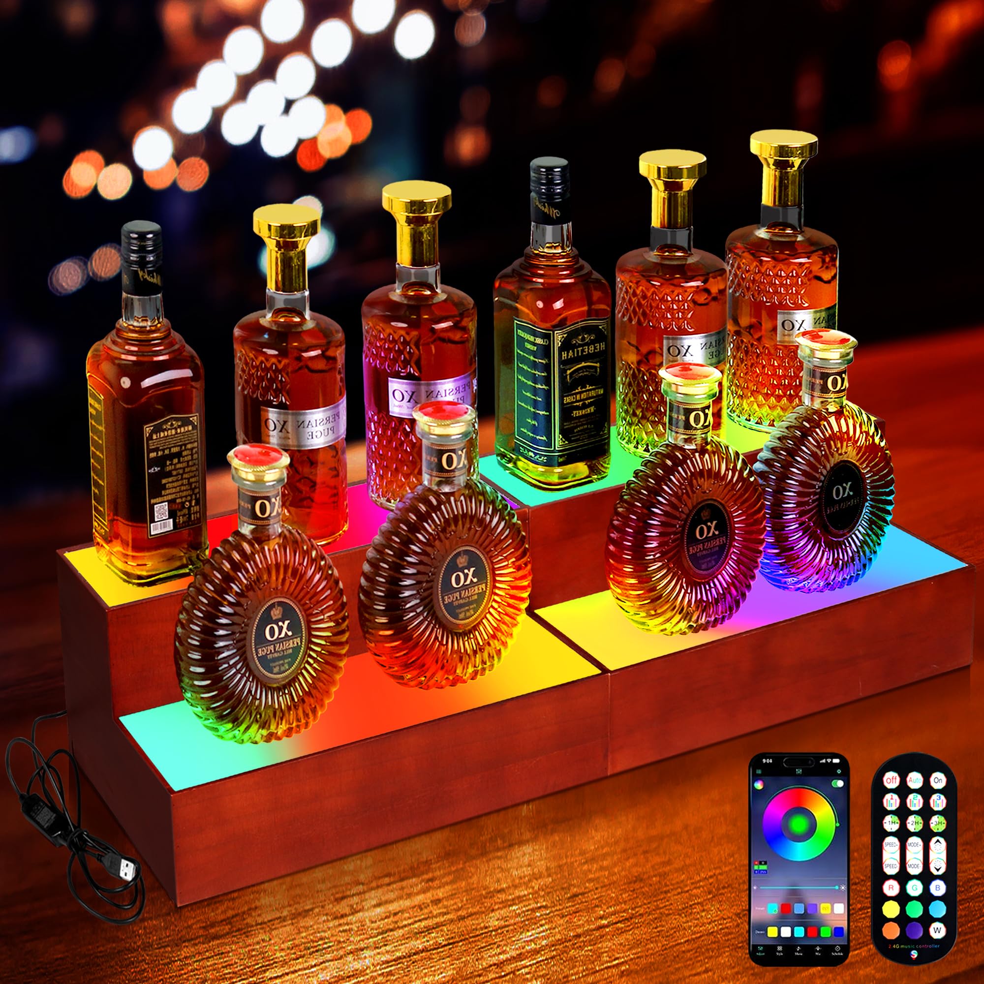 2 Pack 16 Inch LED Lighted Liquor Bottle Display Shelf, 2 Tier LED Bar Shelves for Liquor Bottles with RF Remote & App Control, Bar Bottle Display Shelf for Whiskey Wine Coffee Syrup Bottle
