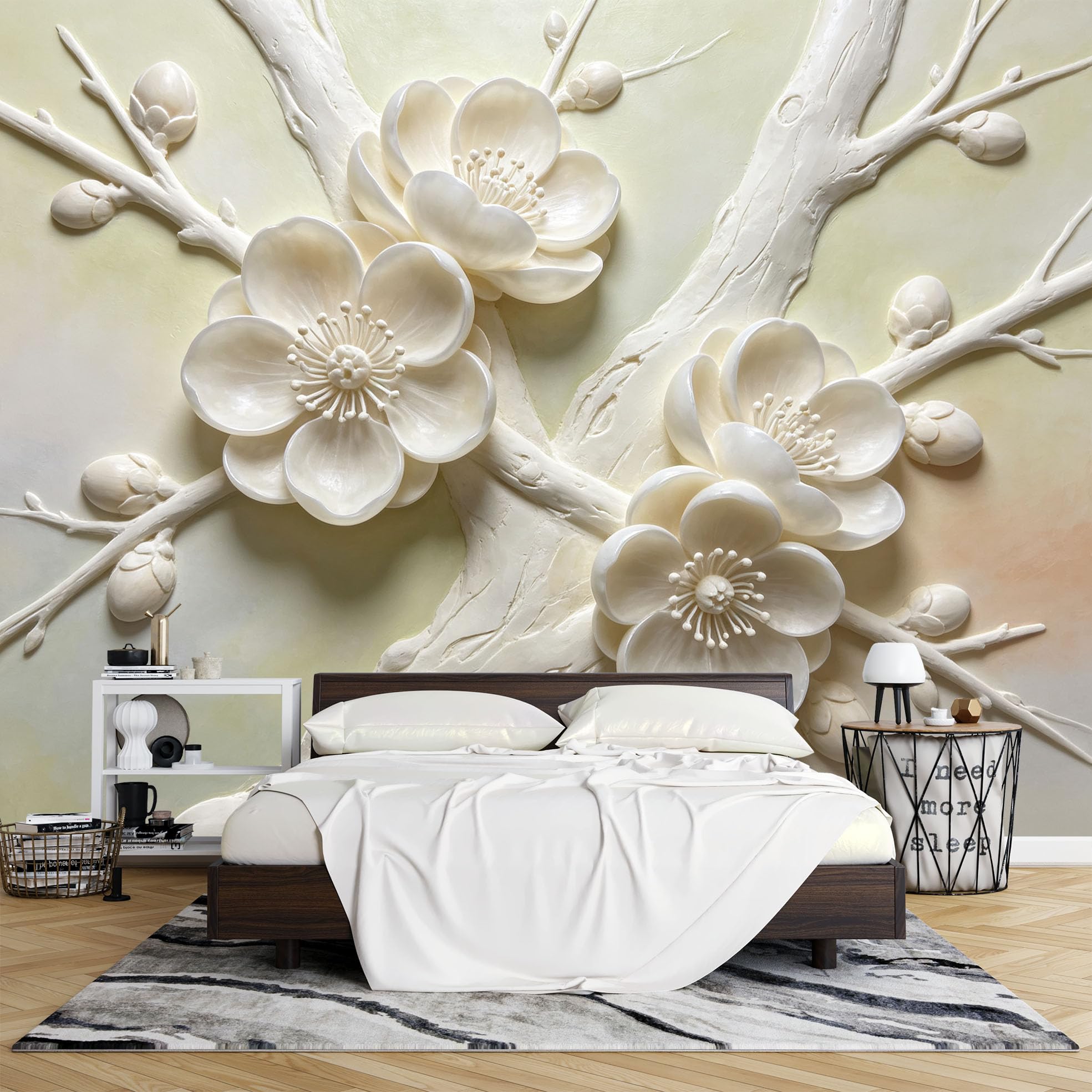 Papier Peint Intissé Fresque Murale À Motif Fleurs Prunier Blanches 265 x 280 cm Papier Peint Photo 3D Moderne Élégant Décor Mural D'Arbre Fleuri pour Salon et Chambre.