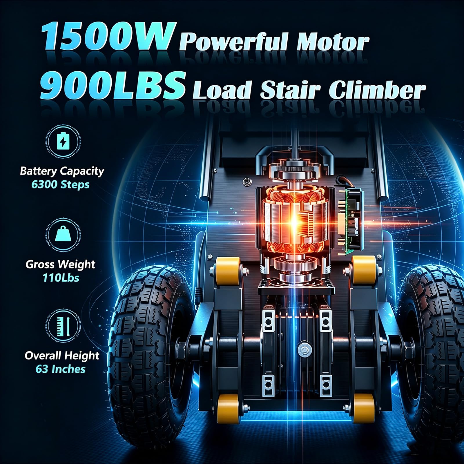 1500W Elektrischer Treppensteiger, Elektrische Sackkarre 500 Kg Tragkraft mit Bürstenloser Motor, Stair Climber mit Teleskopgriff Für Familienumzüge Lager,0
