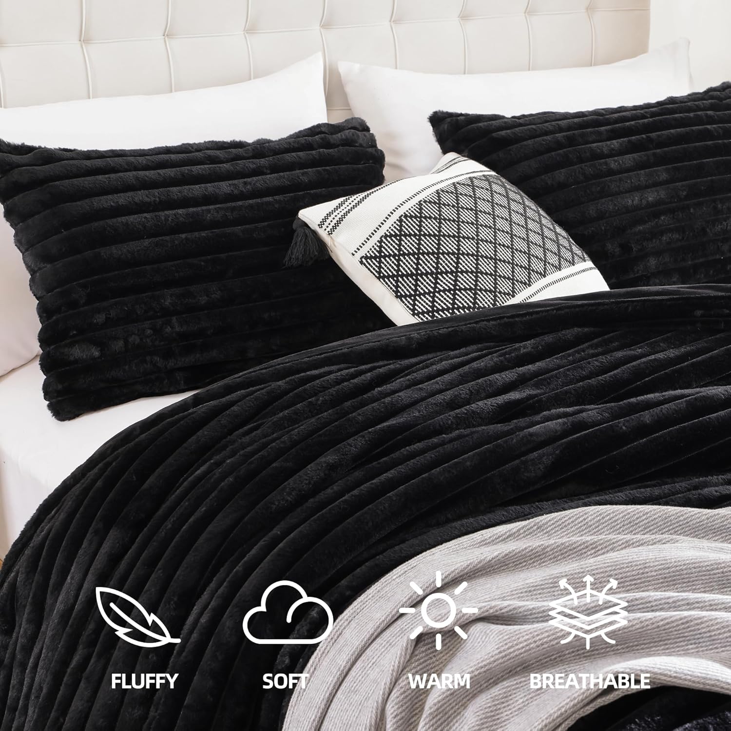 Smoofy Fluffy Queen Comforter Set 3 Pieces - Black Fleece Fluffy Comforter Set, Luxury Fuzzy Queen Bedding Set, Soft Warm Bed Set All Season, Heavy Faux Fur Comforter with 2 Pillow Cases - Image 2