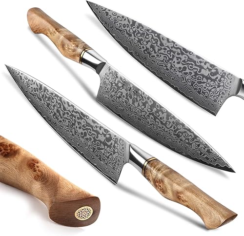 Vista 20 de HEZHEN Juego de cuchillos de cocina de 7 piezas, cuchillo de chef profesional de acero de Damasco de alto carbono, Santoku, pan, utilidad, cuchillos