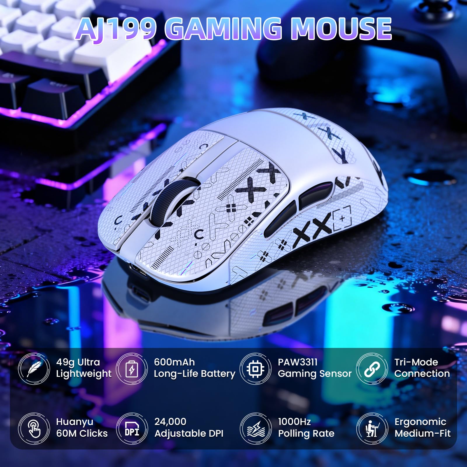 ZIYOU LANG×MAGIC-REFINER AJ199 Mouse Gaming Wireless Leggero, 49g Tri-Mode 2.4G/BT/Cavo, PixArt PAW3311, 24K DPI, 1000Hz, 600mAh Ricaricabile Mouse Gamer per PC/Mac/Laptop - Bianco con Grip Tape