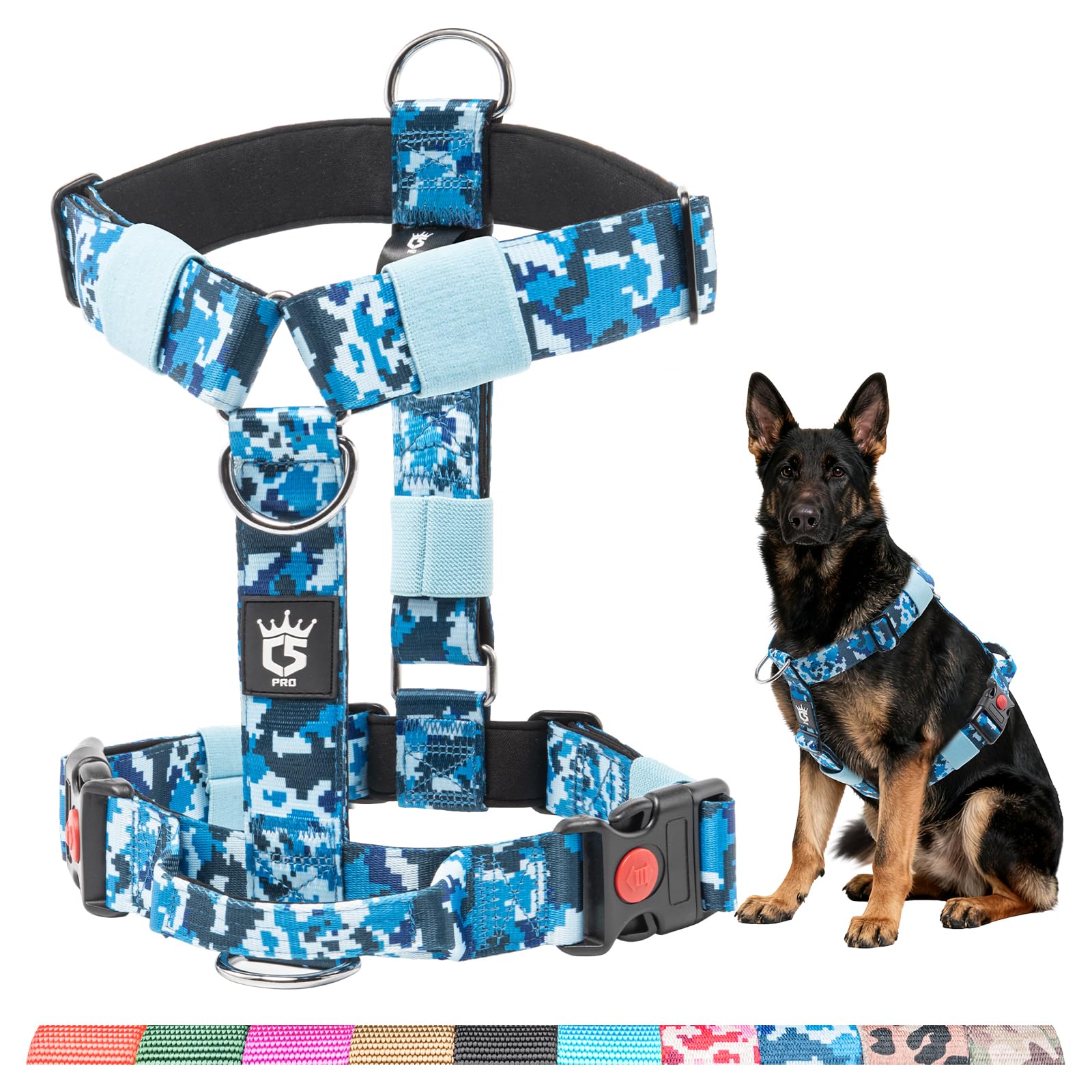 TSPRO Premium Ultraresistant No Pull Dog Harness for Medium to Large Dogs, Heavy Duty, Adjustable with Quick-Release Buckle & Padded Handle, for Walking, Hiking, Running (Camo Blue L)