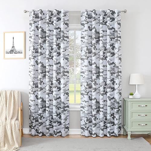 Cortinas opacas de camuflaje gris y blanco de 84 pulgadas, pestaña trasera y bolsillo para barra, moderno camuflaje militar, aislamiento térmico,