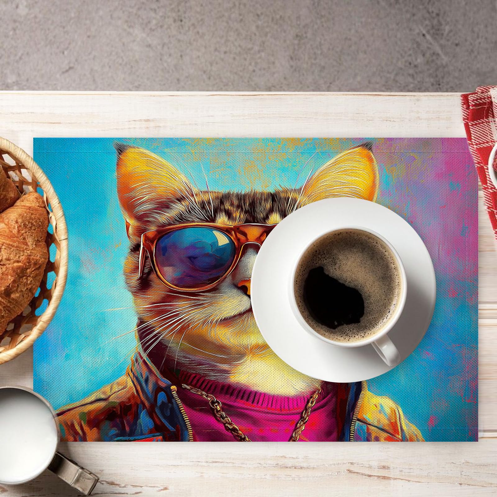 Set de Table Animaux de Dessin animé Lavable - Lot 8 Sets de Table Tissu Coton et Lin 45×30cm Lavable en Machine - Beau Chat Napperon Rectangulaire Exterieur Interieur