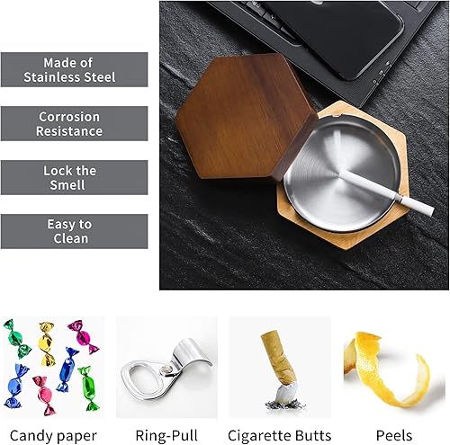 Miniatura 6 de Lindos ceniceros para cigarrillos, bandeja de cenizas hexagonal para exteriores, con forro de acero inoxidable, fácil de limpiar, cenicero de madera