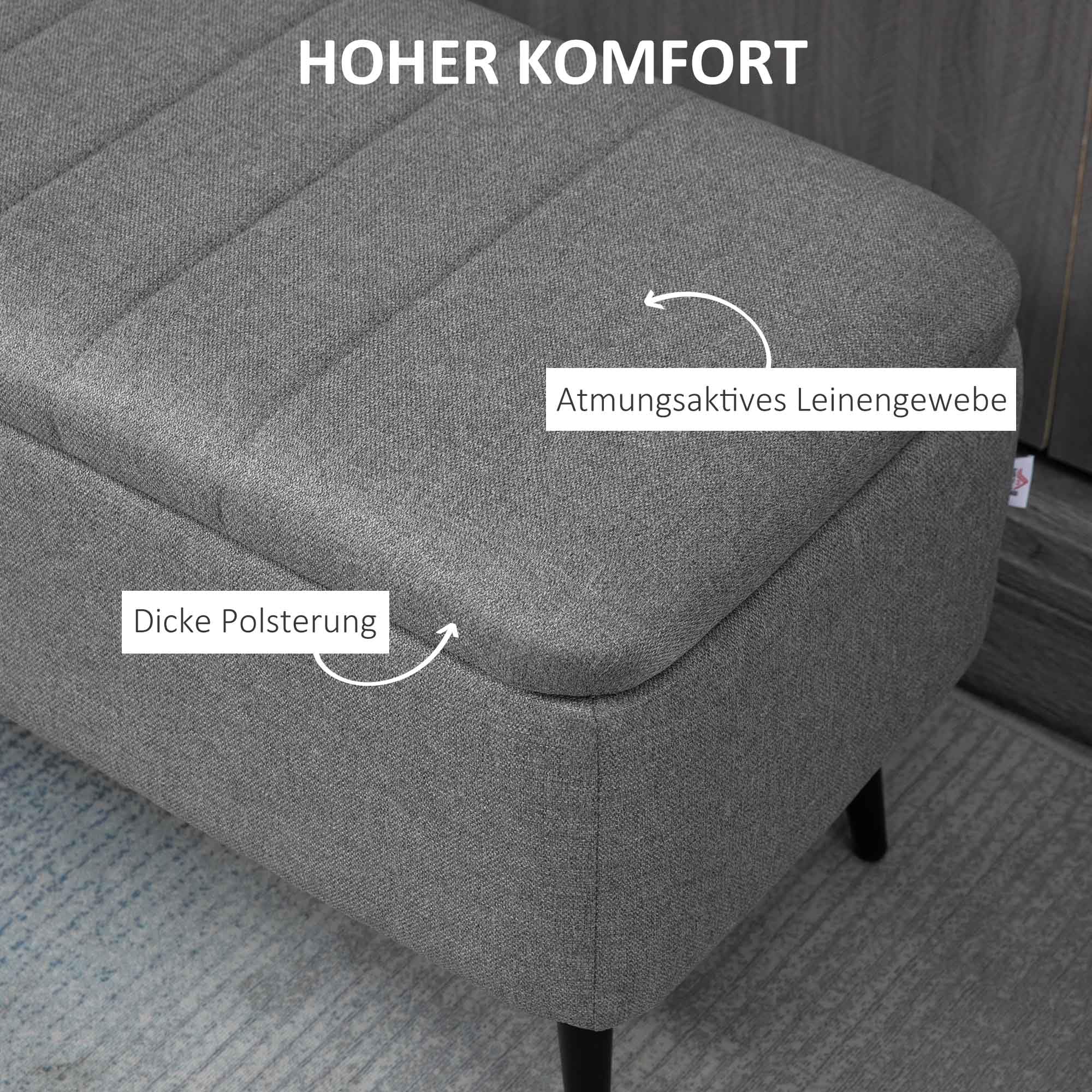HOMCOM Sitzbank mit Stauraum mit Leinenoptik 102 x 40 x 44 cm, Grau | Polsterbank, Truhenbank mit Stahlbeinen, Sitztruhe, für Wohnzimmer Schlafzimmer Flur