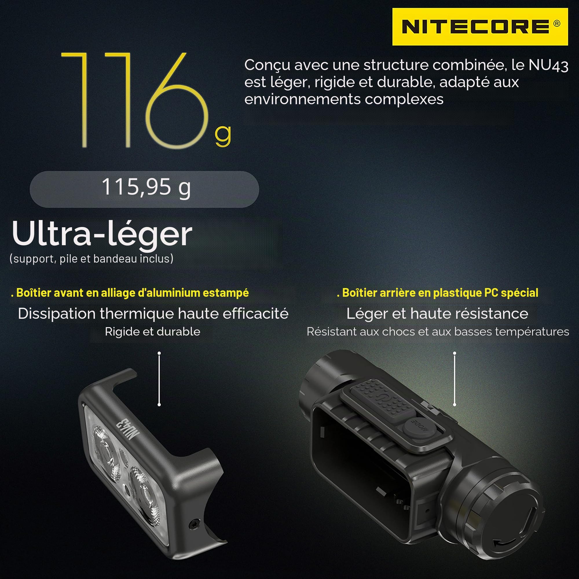 Nitecore NU43 Lampe frontale légère 1400 lumens avec batterie 3400 mAh rechargeable USB-C