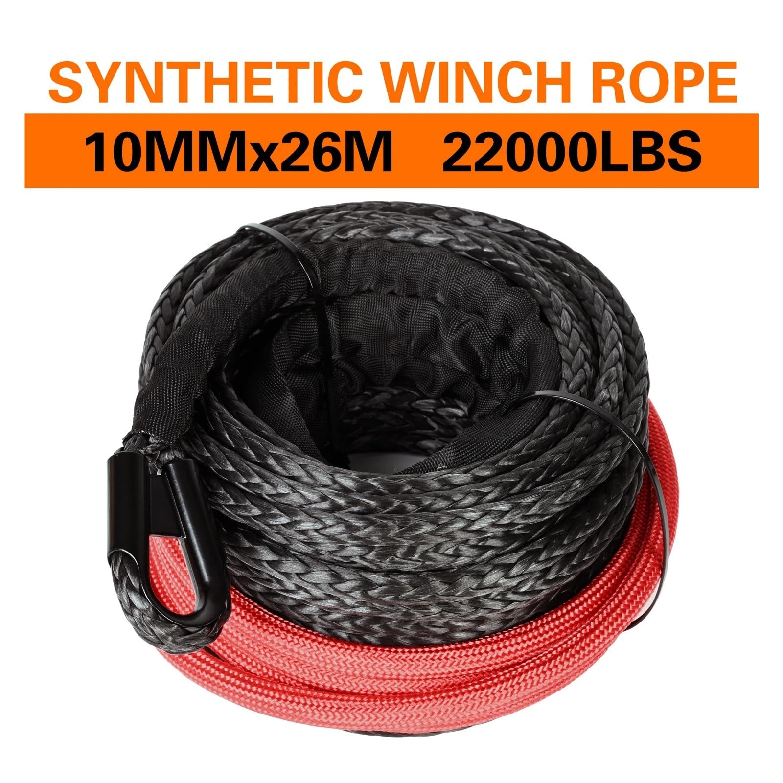 Lina wyciągarki syntetycznej 10 mm x 26 m, 22000 LB, z czarną osłoną ochronną do pojazdów ATV, UTV, SUV Wysoka wytrzymałość(Black)