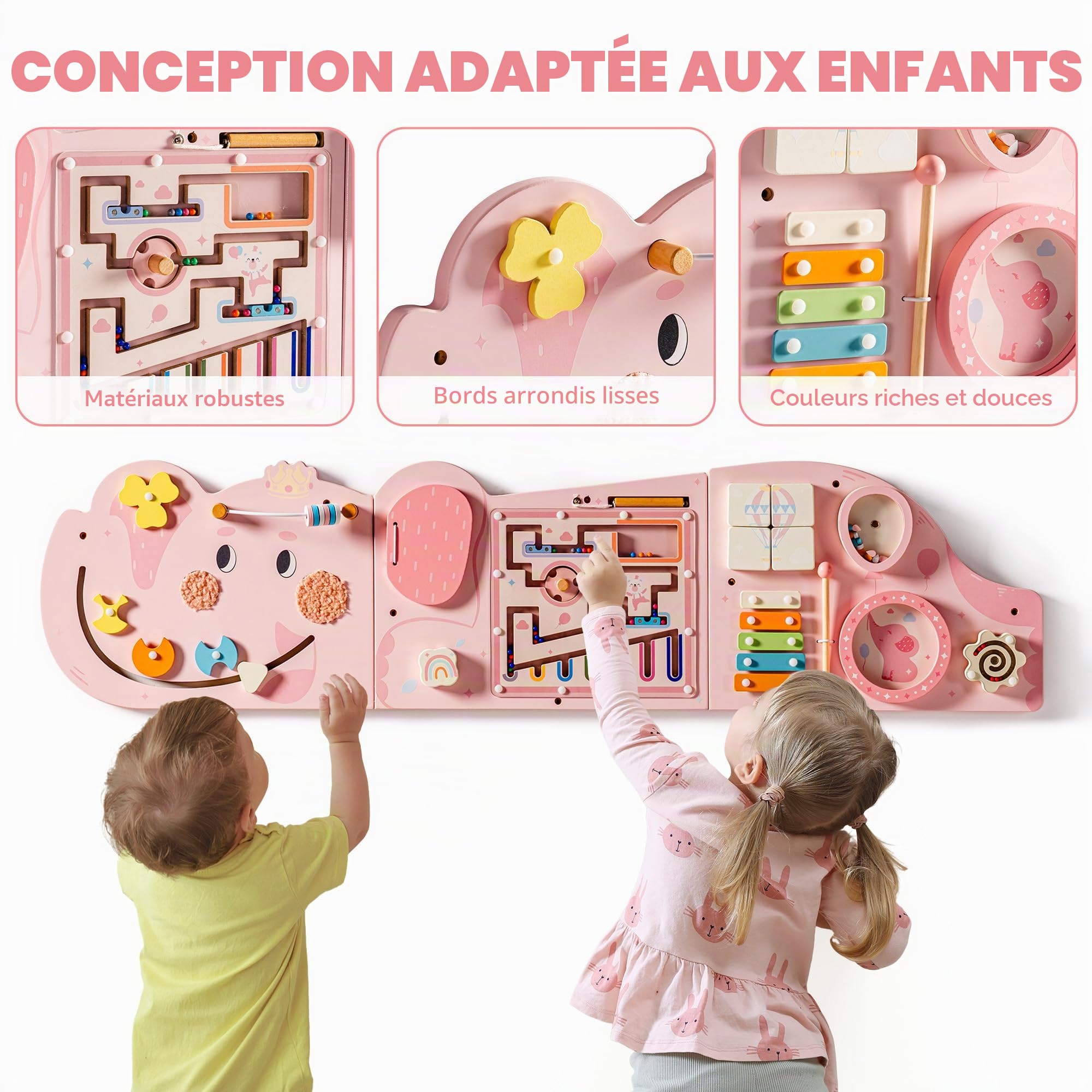 ROBUD Montessori Planche de motricité en Bois - 11 en 1 - Jouet Mural pour Enfants à partir de 18 Mois - Jouet Montessori pour bébé avec Xylophone, Tambour, Miroir et pièces pivotantes - Rose