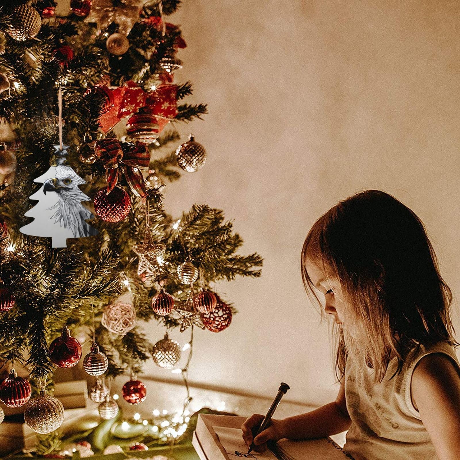 Sketching an Eagle Lot de 6 décorations de Noël scandinaves en bois naturel pour sapin de Noël rustique et confortable