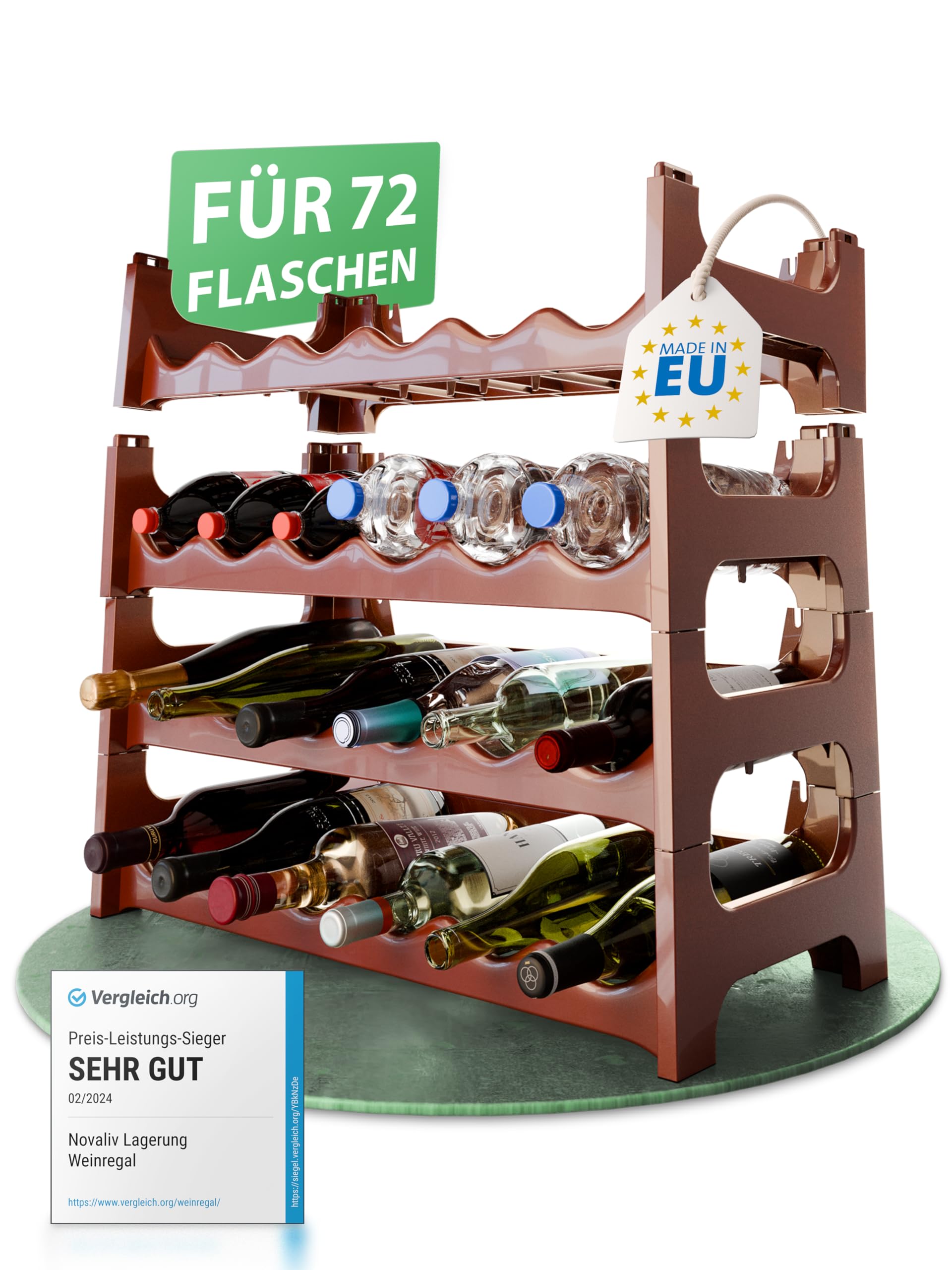 Novaliv Braunes, Modulares Flaschenregal für 72 Weinflaschen - Stapelbar, Erweiterbar, Robust - Ideal für Weinlagerung in Keller, Gastronomie & Zuhause, Getränkeschrank, Weinregal stapelbar