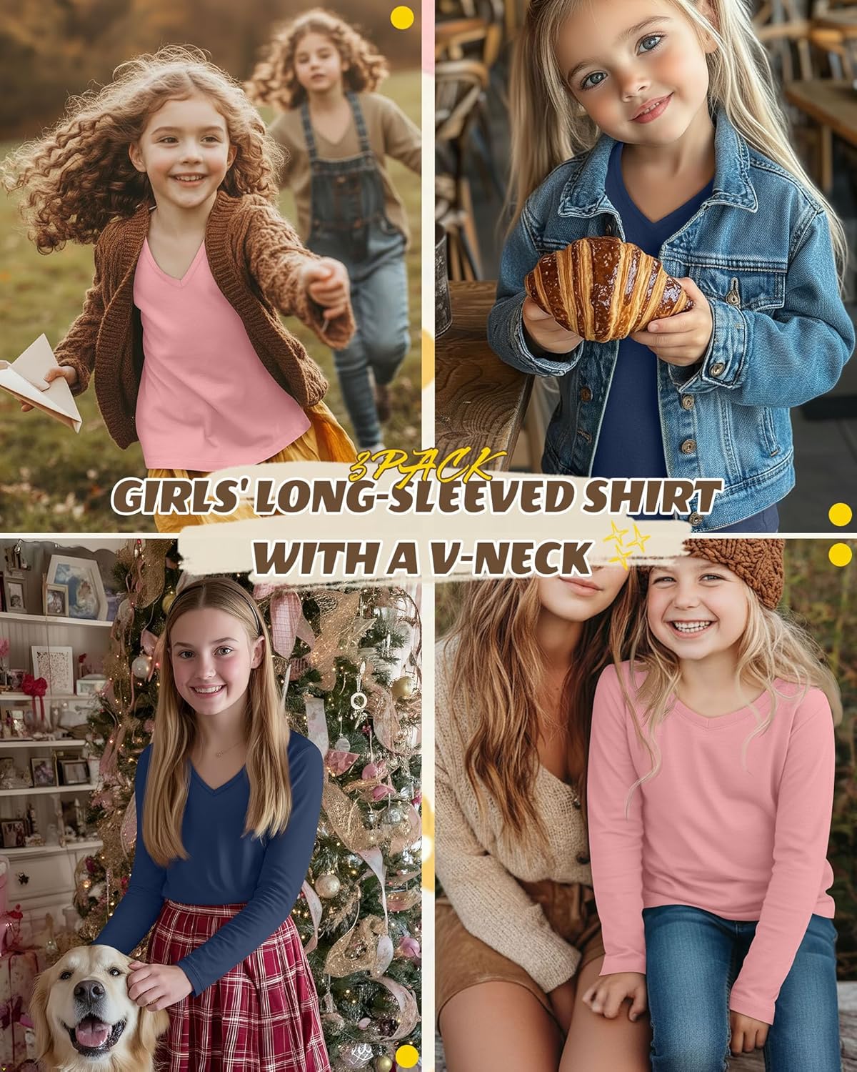 3 Pack Girl's Long Sleeve Shirts, Soft V Neck Kids Tops Fall Loose Fit Basic Tee Casual T Shirts for 3-16 Years - Image 2