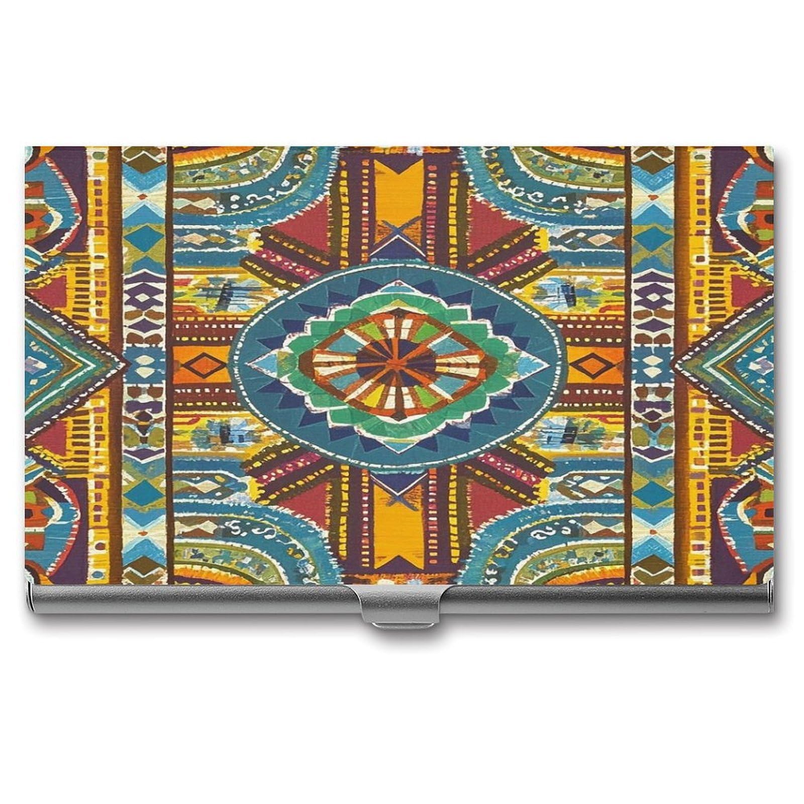 FekiLoot African Style Textile Pattern Business Card Holder Aluminum Alloy Business Card Case Convenient to Carry Business Card Dispenser for Men Women