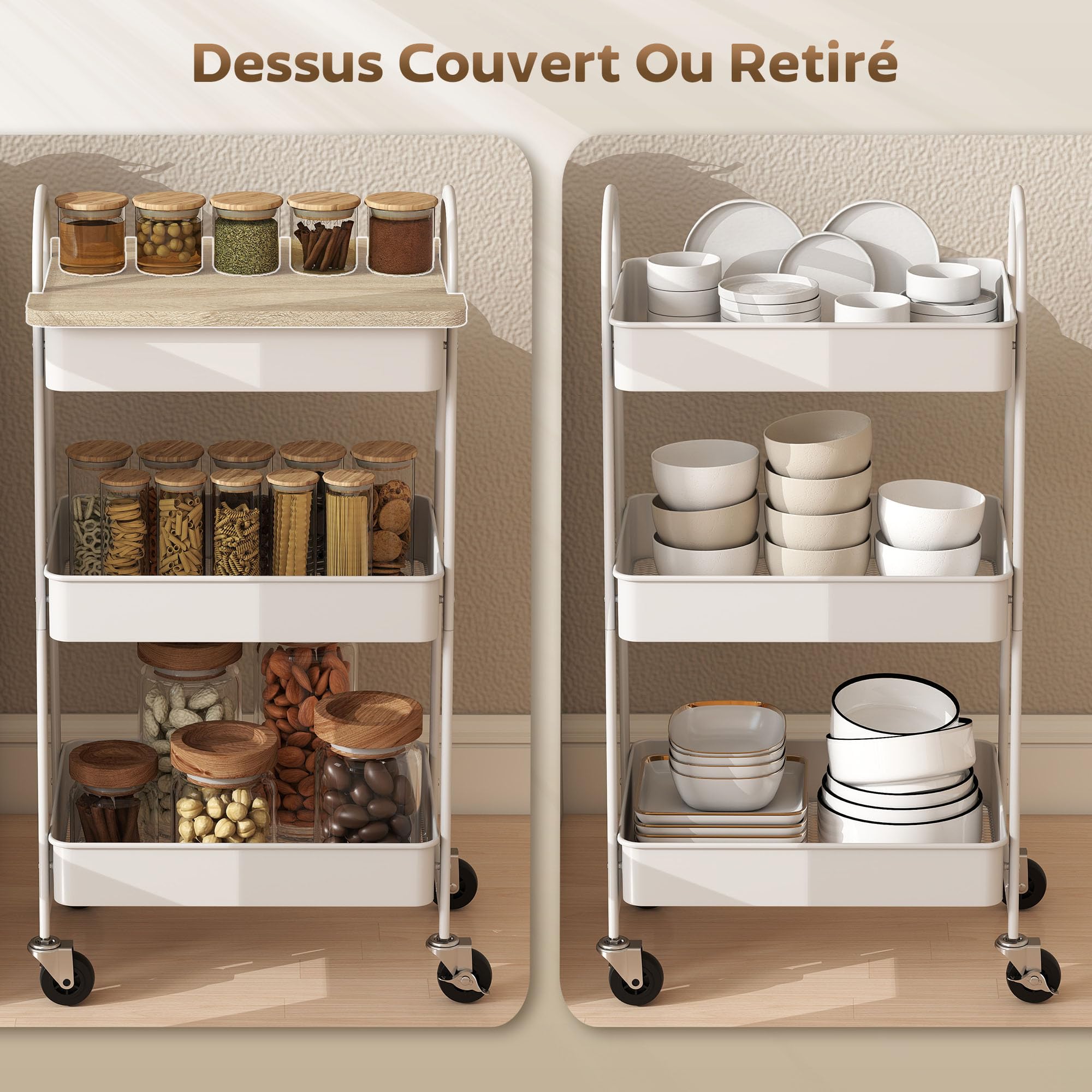 HOMCOM Desserte Cuisine, Chariot de Service à 3 Niveaux, avec Plateau supérieur, paniers en Maille, poignées, Chariot de Rangement à roulettes pour Salon, Bureau, Cuisine, 45 x 32 x 77,5 cm, chêne