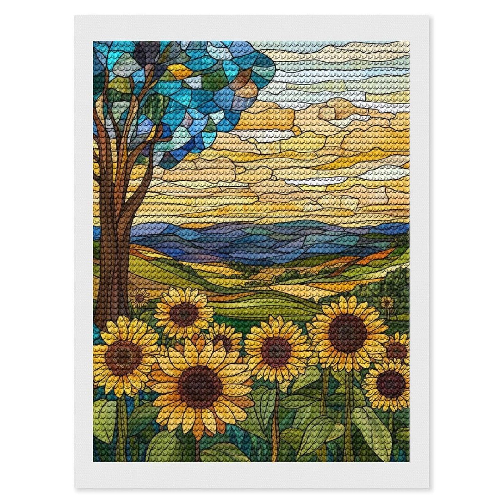 Junmoney Stained Glass Sunflower Field Diamond Painting Kit 12"x16", Easy Handmade Project, Easy to Enjoy, Aesthetic Room Decor, Christmas Gift