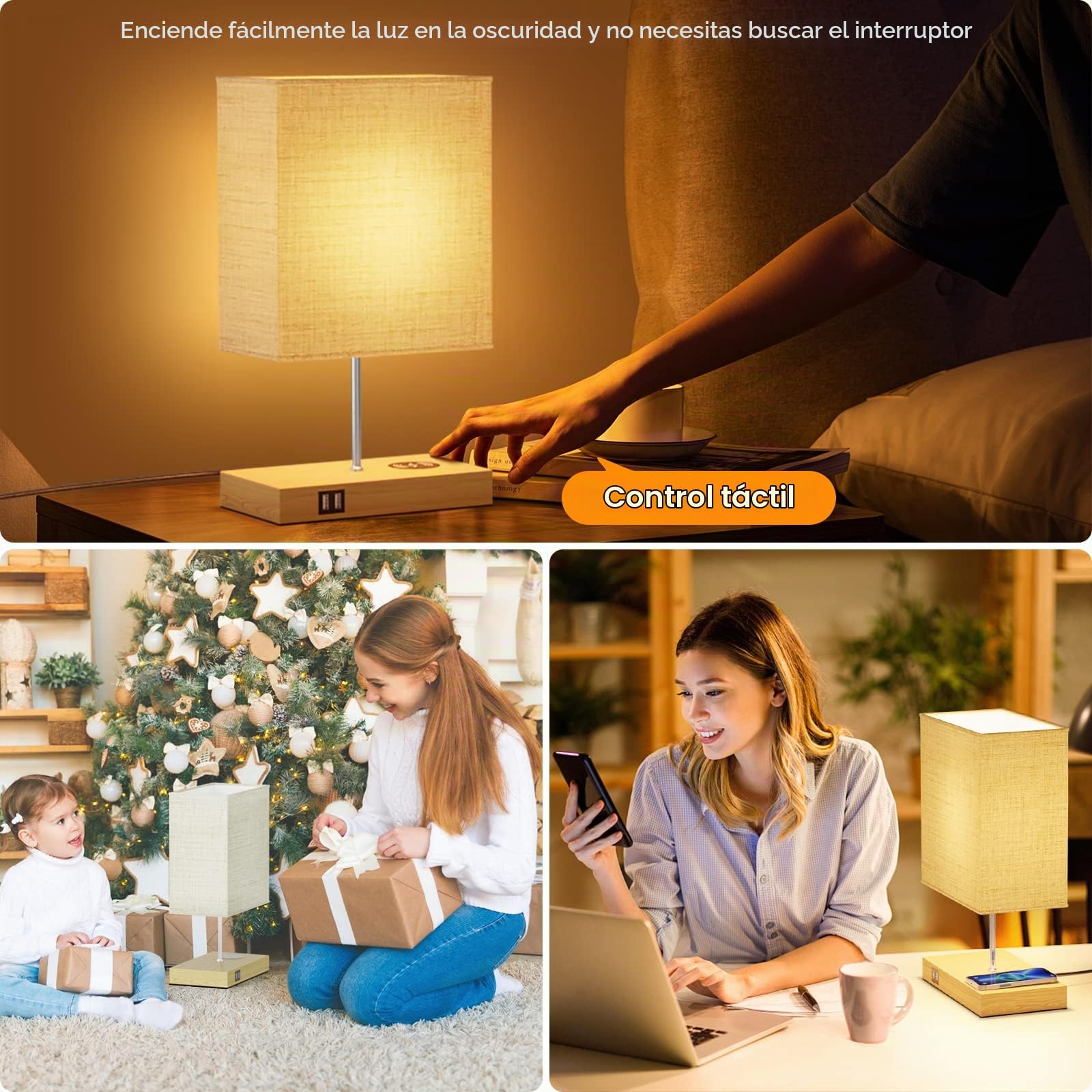 GLUROO Lamparas de Mesita de Noche con Cargador Inalámbrico, Lámparas de Mesa Táctil, 2 Puertos de Carga USB, Regulable de 3 vías Lámpara de Noche Vintage para Habitación,Salon,Oficina