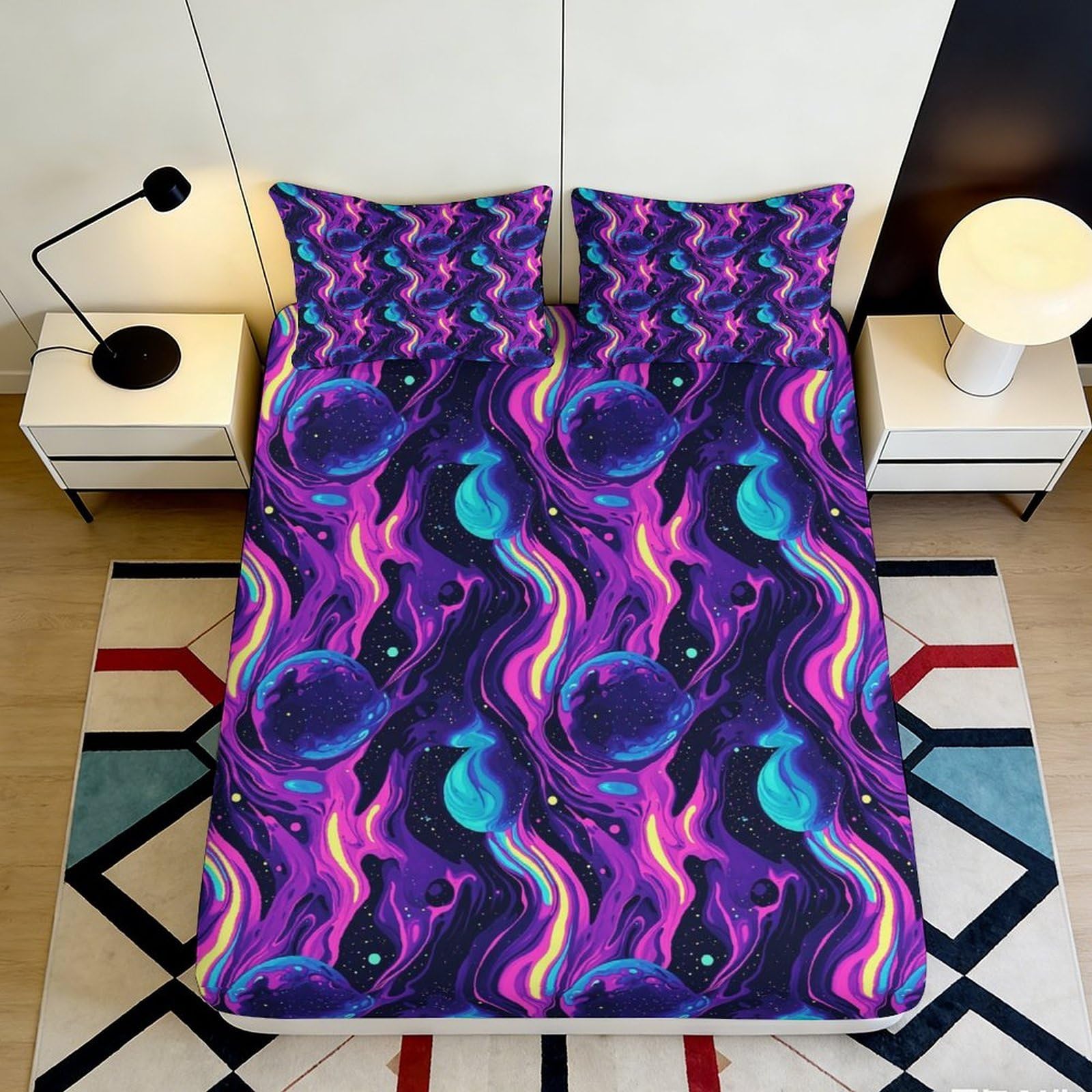 3D Printed Purple Galaxy Fitted Sheet Microfiber Vibrant Cosmic Nebula Mattress Cover for Bedroom Dorm Mat Decor 90x200x25cm