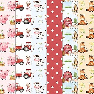 6Pcs Farm Animal Cotton Fabric Bundles Cartoon Barnyard Fat Quarters Watercolor Quilting Patchwork for DIY Sewing Craft Decor, 18 x 22 Inch