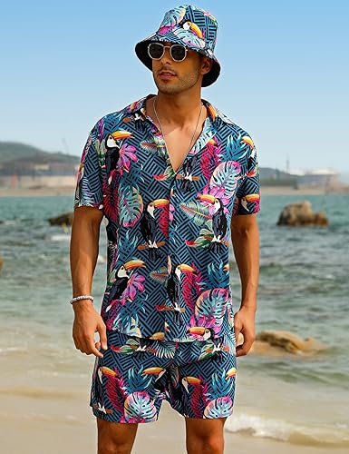 Miniatura 2 de EISHOPEER Conjunto hawaiano de flores para hombre, camisa de manga corta y pantalones cortos, trajes con sombreros de pescador