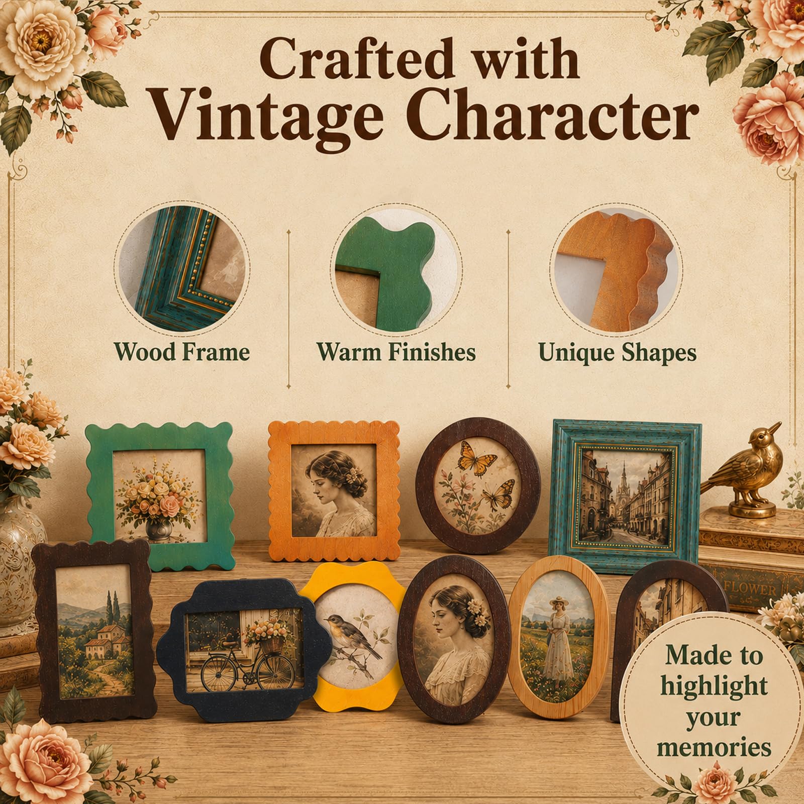 Zestaw 10 drewnianych ramek na zdjęcia w stylu vintage, retro ramki na zdjęcia, kolaż w stylu wiejskim, ornamenty i specjalne kształty (okrągłe, owalne, łuk itd.), na ścianę i stół, prezent dla