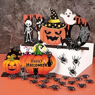 FLOFIA Decorazione Ornamenti Halloween 2pz Centrotavola in Legno Halloween 30pz Ragni Finti Halloween per Decorazione Tavola Festa di Vigilia d'Ognissanti Halloween