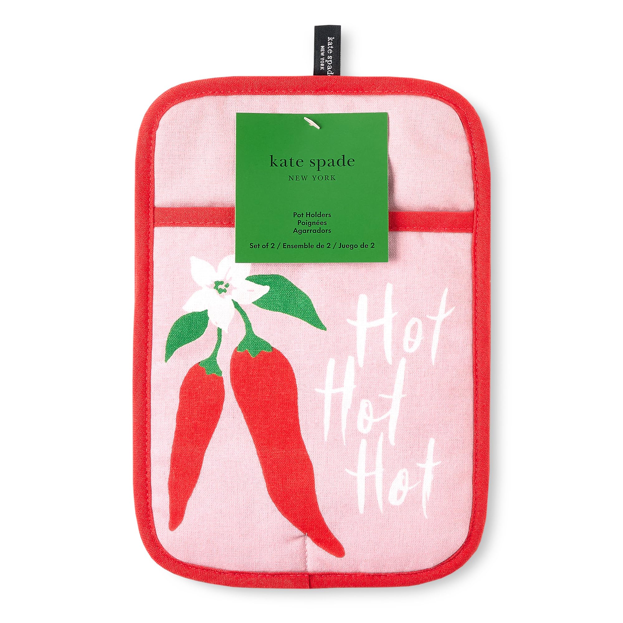 KATE SPADE NEW YORK Hot Hot Peppers Topflappen, hitzebeständig, 100% Baumwolle, Rot/Rosa, 17,8 x 25,4 cm, 2 Stück