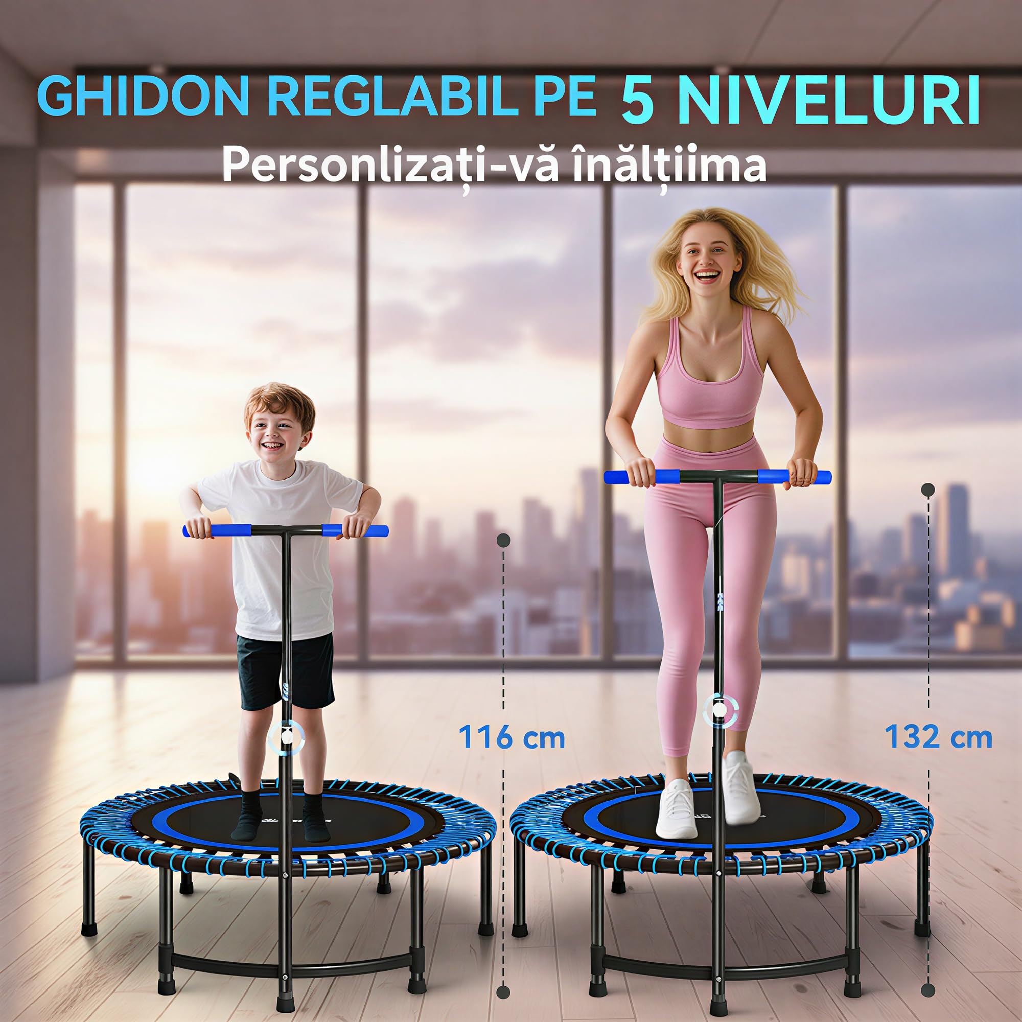 SPORTNOW Trampoline de Fitness 114 cm avec poignée réglable 5 Positions, Cordes élastiques, Trampoline Adulte Stable et Silencieux pour entraînement intérieur, Charge 200 kg, Bleu