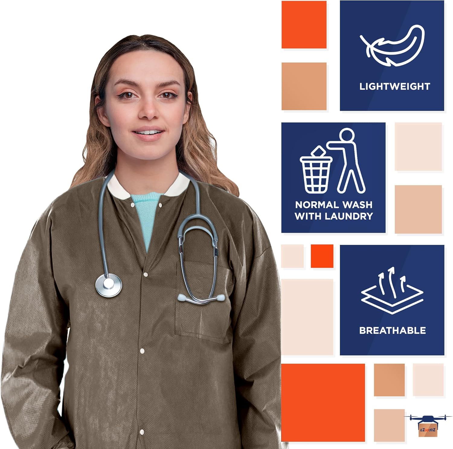 EZGOODZ Disposable Lab Jacket, 30 Inches Long. Pack of 10 Coffee Hip-Length Workwear Medium. SMS 50 gsm Disposable Shirts with Snaps Front, Knit Cuffs & Collar, 3 Pockets. Unisex PPE Coat