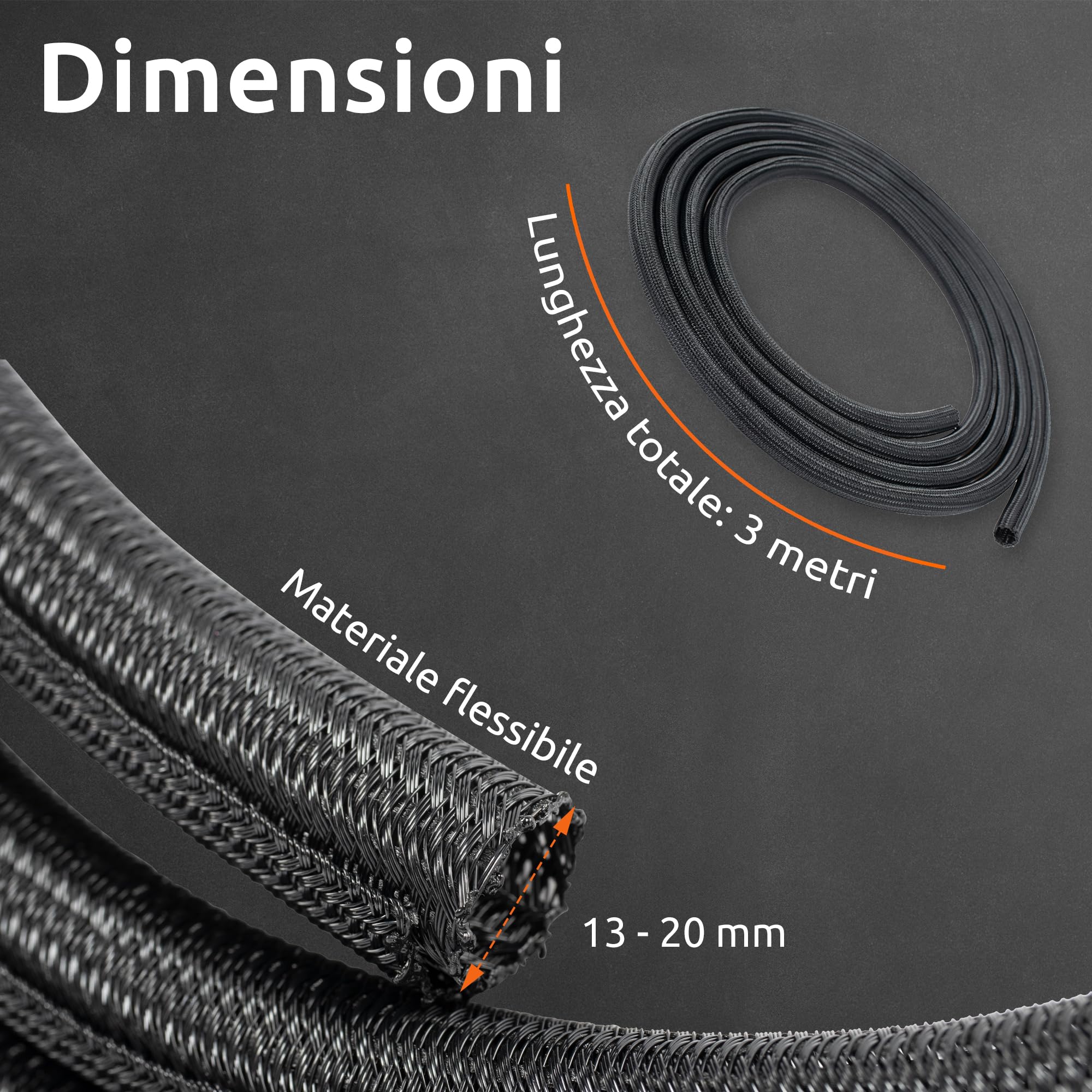 ECENCE 3 Metri Guaina Cavi - chiusura automatica (13-20mm) - Nascondi Cavi Nero - Canalina Passacavi Tagliabile per PC, Scrivania, Ufficio - cable management