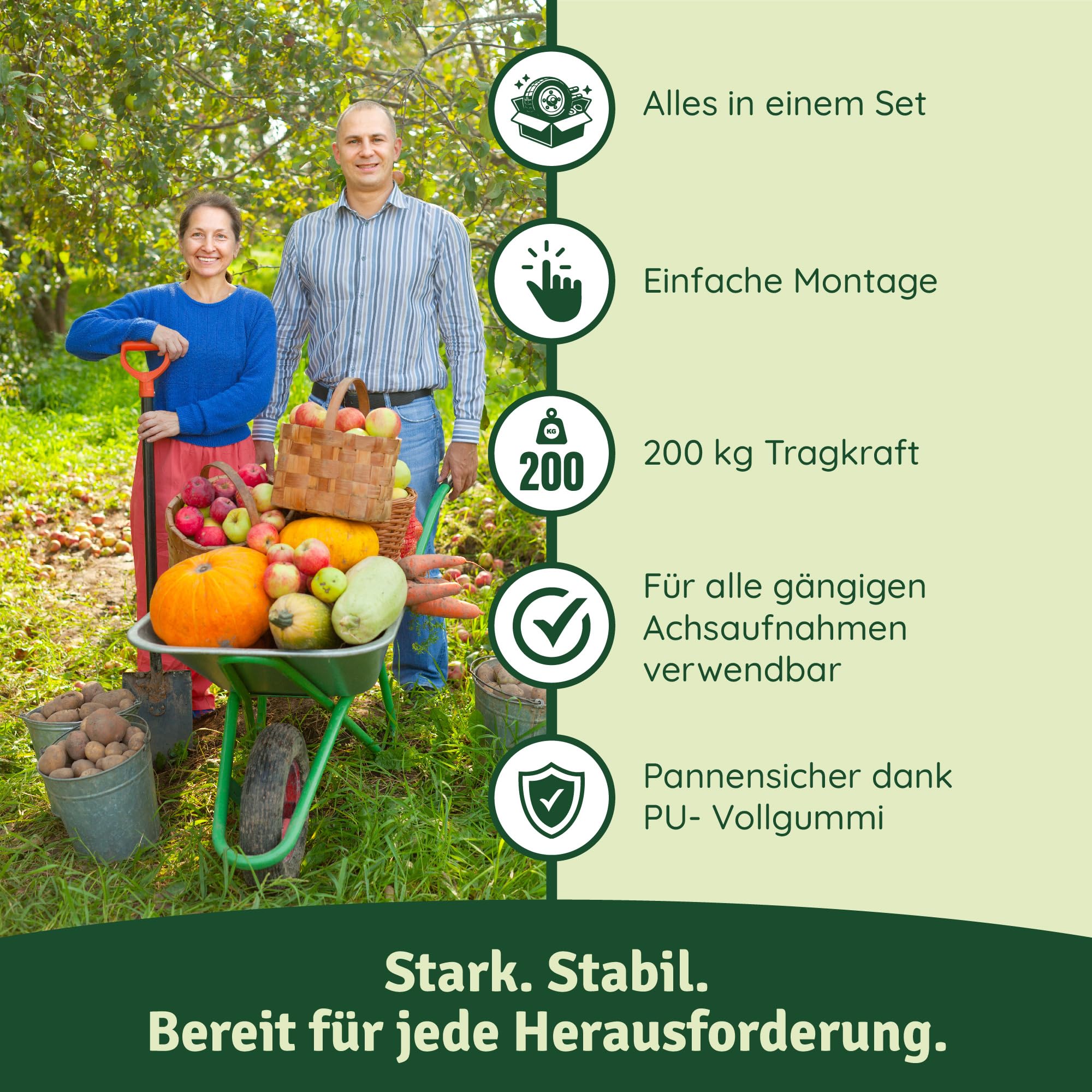 Veddelholzer PU Vollgummi Schubkarrenrad Sackkarrenrad 4.80/4.00-8 auf Stahlfelge Ø 385 inkl. Achse und Montage Verschraubung Traglast 200 kg pannensicheres PU universell einsetzbar